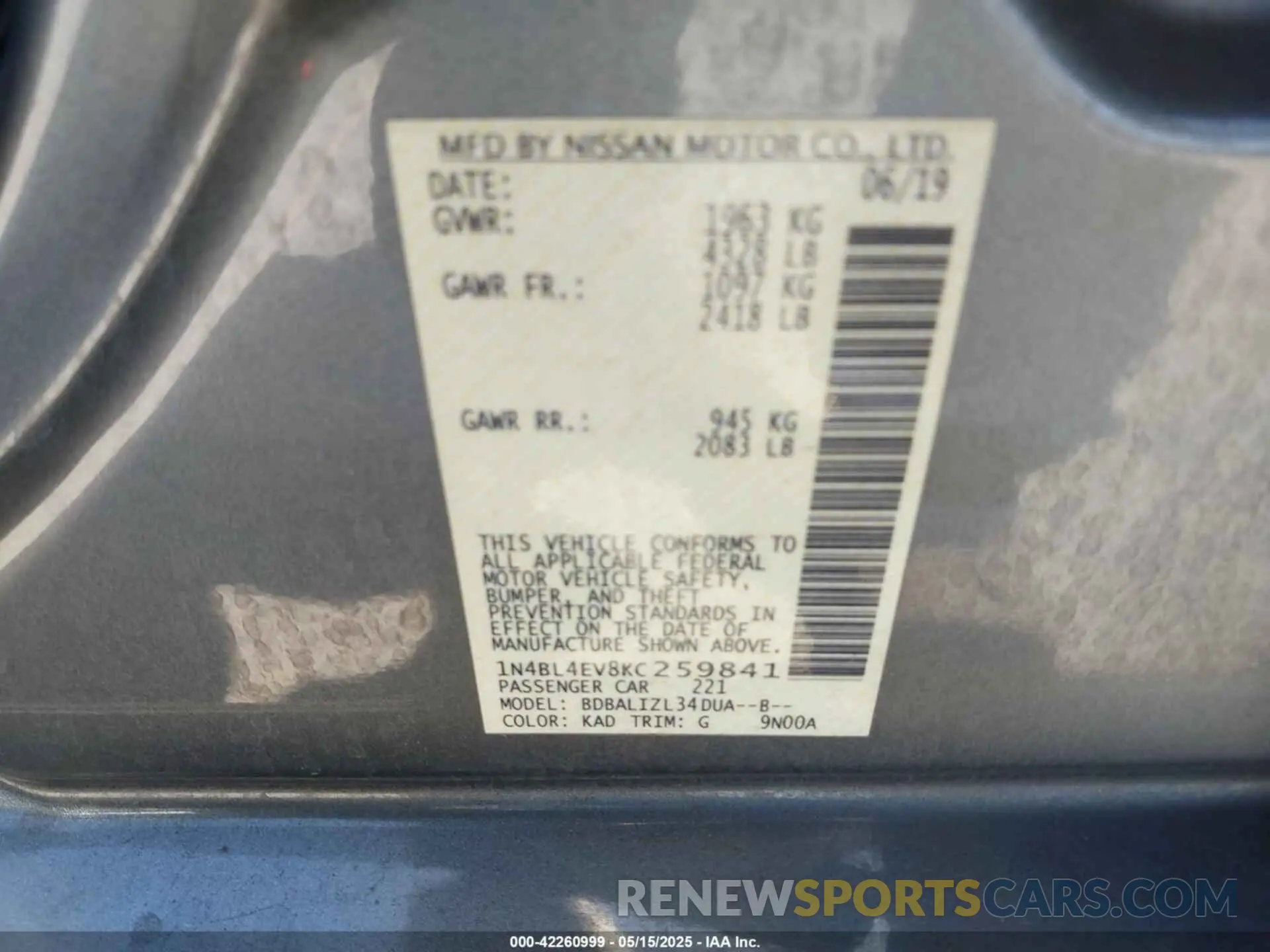 9 fotografías del automóvil dañado 1N4BL4EV8KC259841 NISSAN ALTIMA 2019
