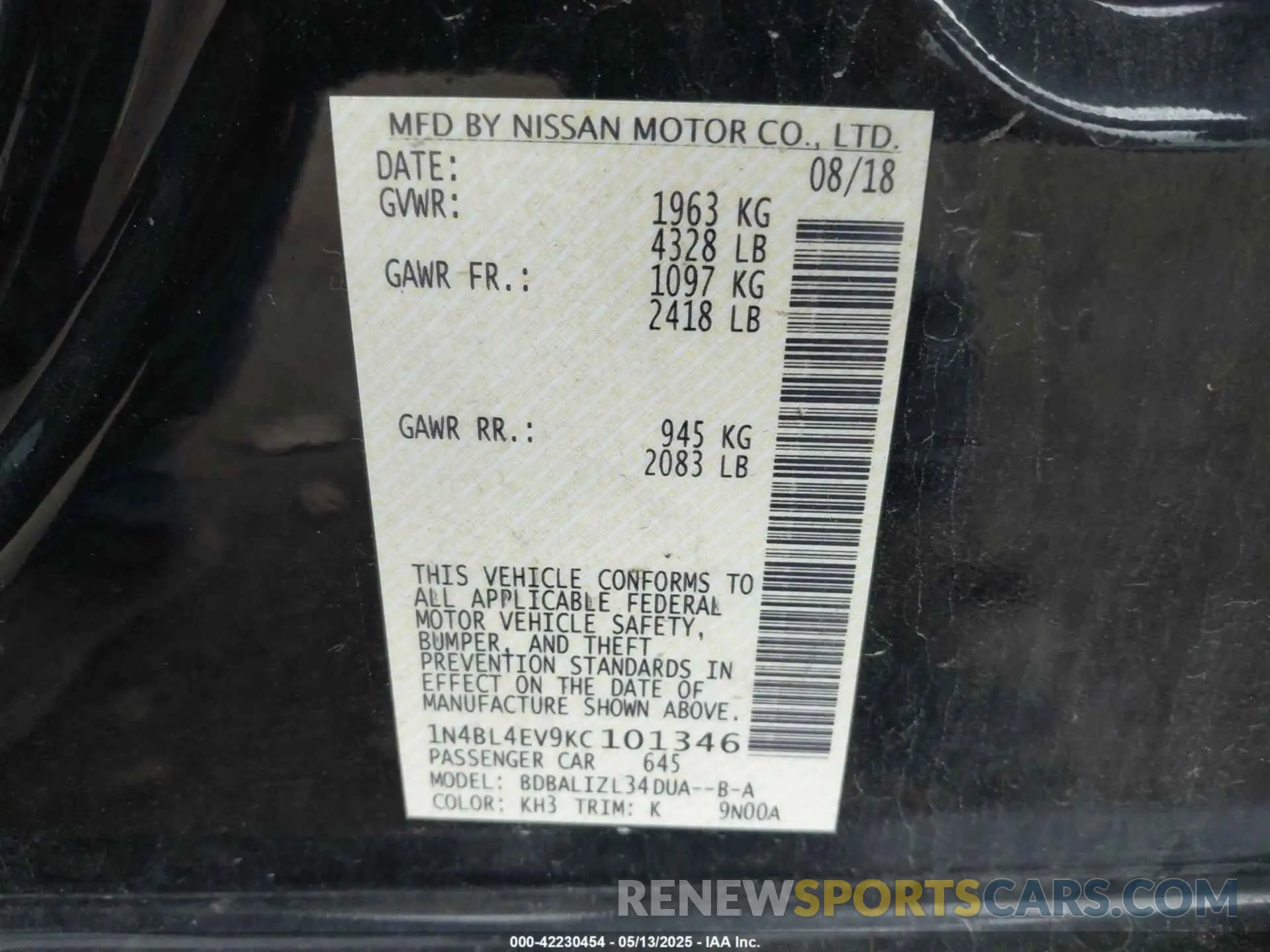 9 fotografías del automóvil dañado 1N4BL4EV9KC101346 NISSAN ALTIMA 2019