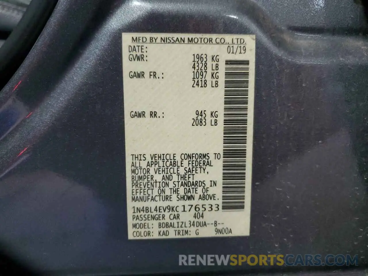 12 fotografías del automóvil dañado 1N4BL4EV9KC176533 NISSAN ALTIMA 2019