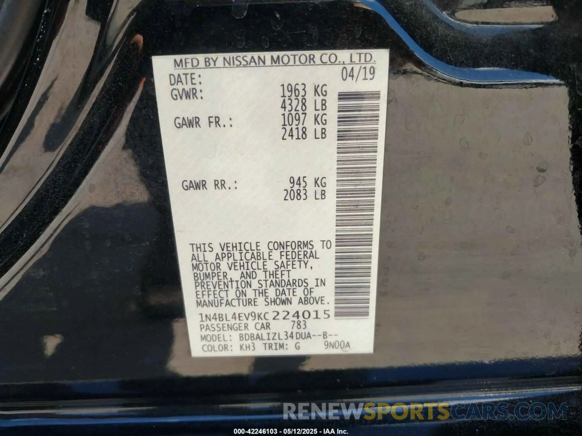 9 fotografías del automóvil dañado 1N4BL4EV9KC224015 NISSAN ALTIMA 2019