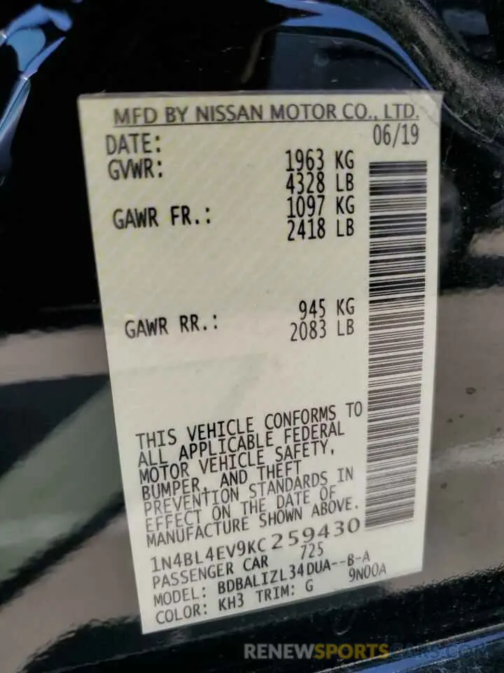12 fotografías del automóvil dañado 1N4BL4EV9KC259430 NISSAN ALTIMA 2019