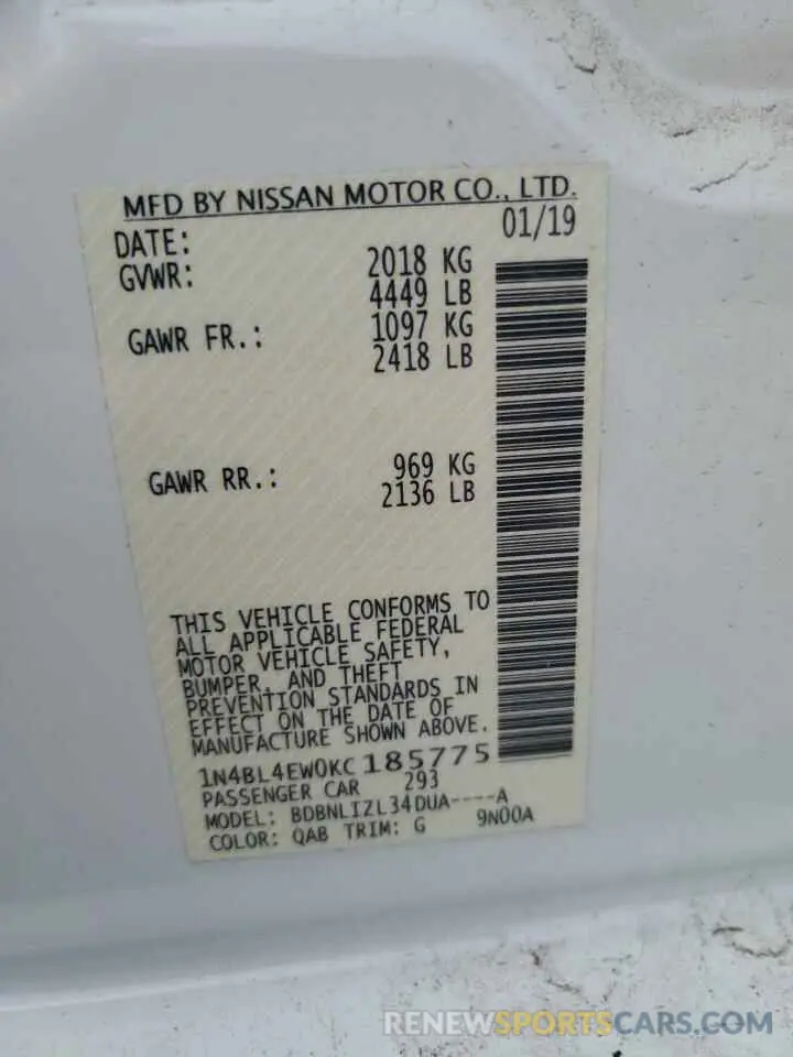 12 fotografías del automóvil dañado 1N4BL4EW0KC185775 NISSAN ALTIMA 2019