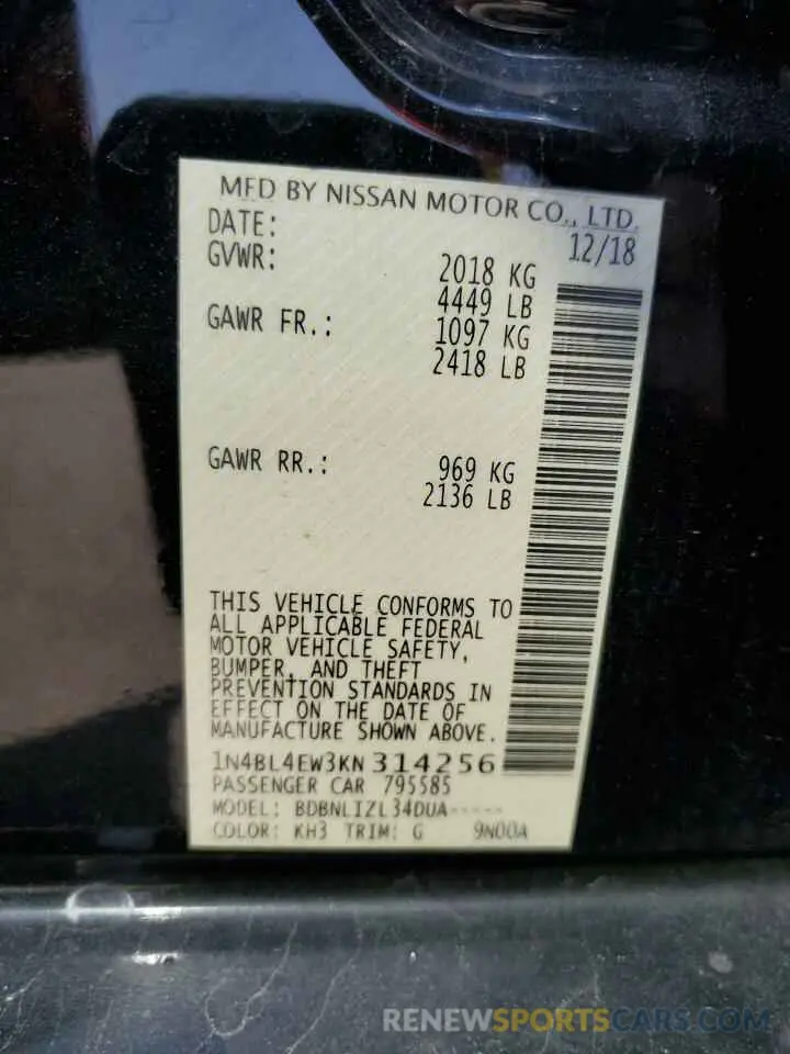 12 fotografías del automóvil dañado 1N4BL4EW3KN314256 NISSAN ALTIMA 2019
