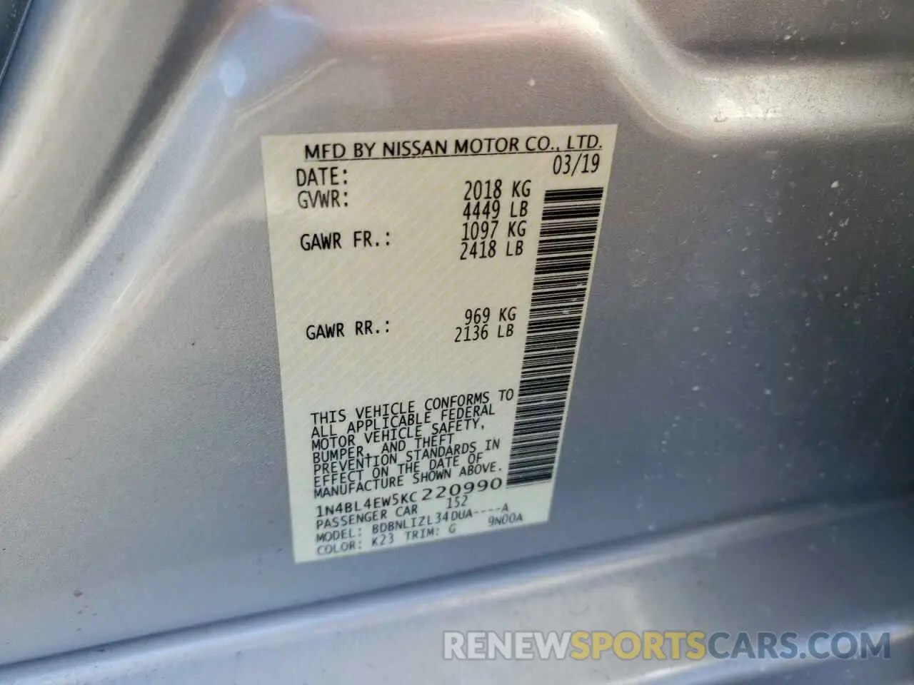 12 fotografías del automóvil dañado 1N4BL4EW5KC220990 NISSAN ALTIMA 2019