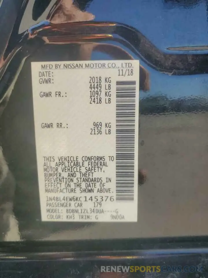 12 fotografías del automóvil dañado 1N4BL4EW6KC145376 NISSAN ALTIMA 2019