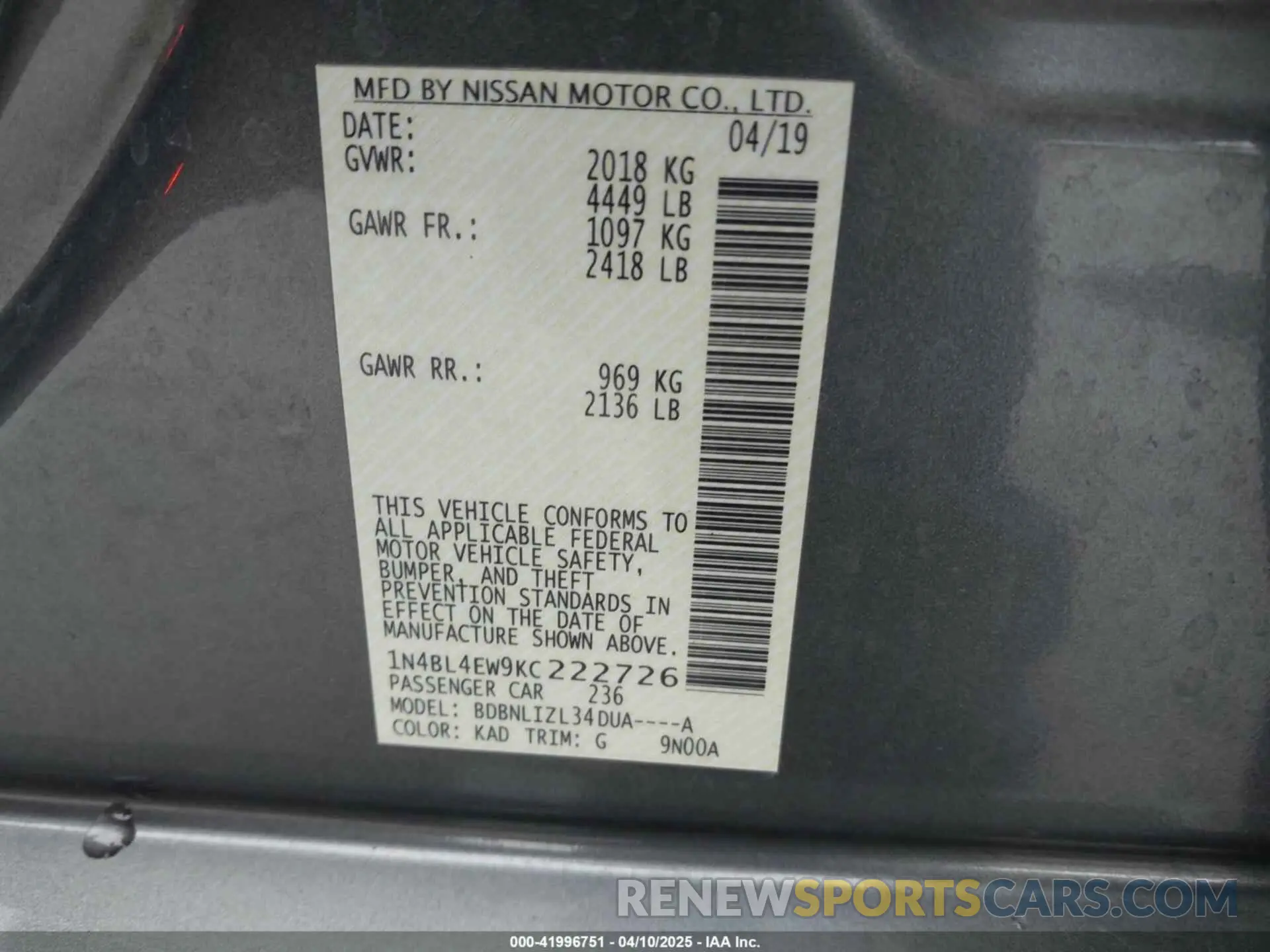 9 fotografías del automóvil dañado 1N4BL4EW9KC222726 NISSAN ALTIMA 2019
