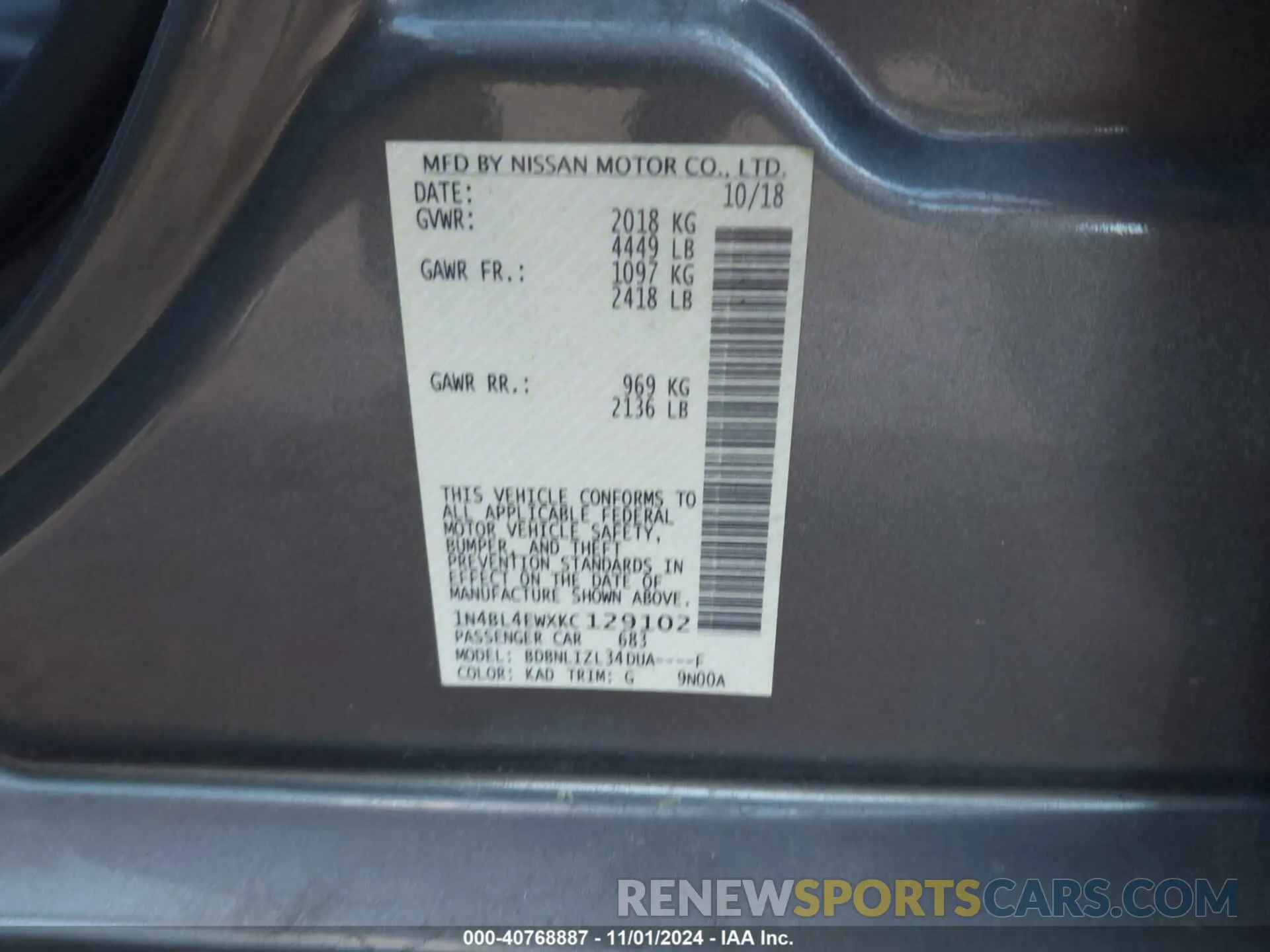 9 fotografías del automóvil dañado 1N4BL4EWXKC129102 NISSAN ALTIMA 2019