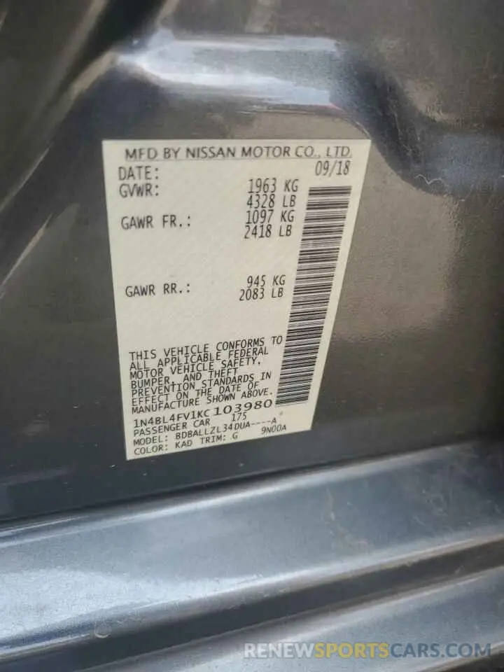 12 fotografías del automóvil dañado 1N4BL4FV1KC103980 NISSAN ALTIMA 2019