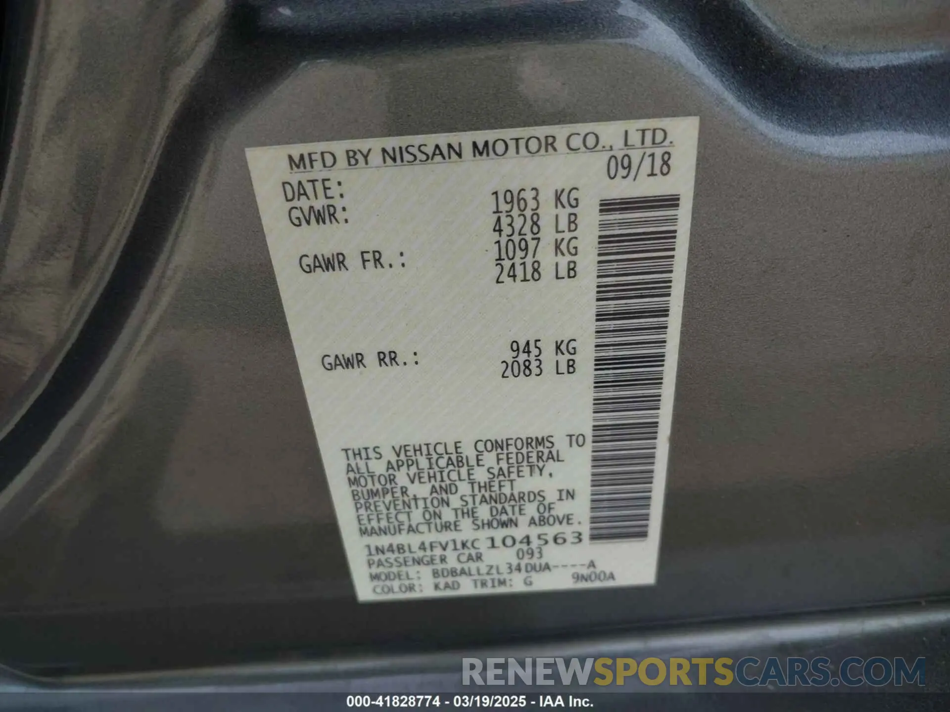 9 fotografías del automóvil dañado 1N4BL4FV1KC104563 NISSAN ALTIMA 2019