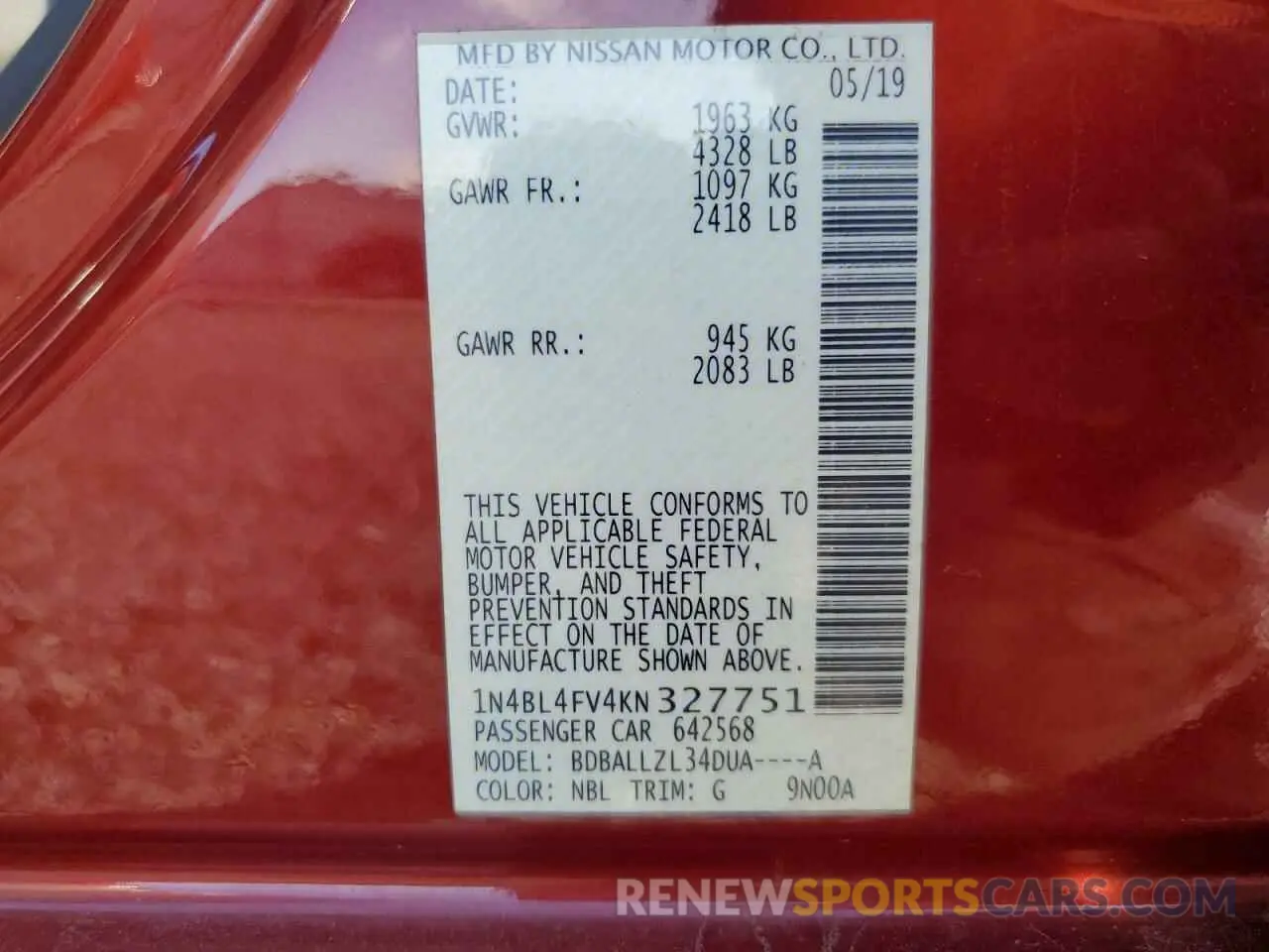 14 fotografías del automóvil dañado 1N4BL4FV4KN327751 NISSAN ALTIMA 2019