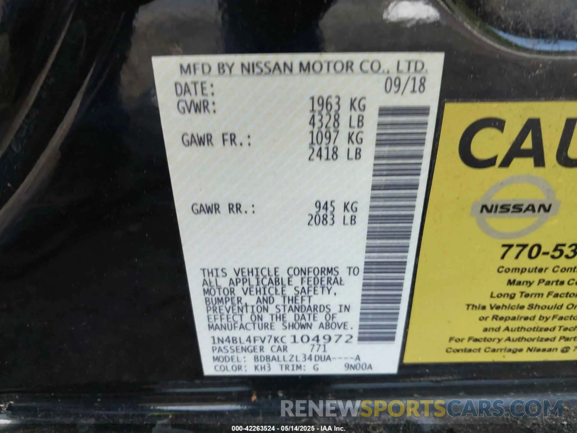 9 fotografías del automóvil dañado 1N4BL4FV7KC104972 NISSAN ALTIMA 2019