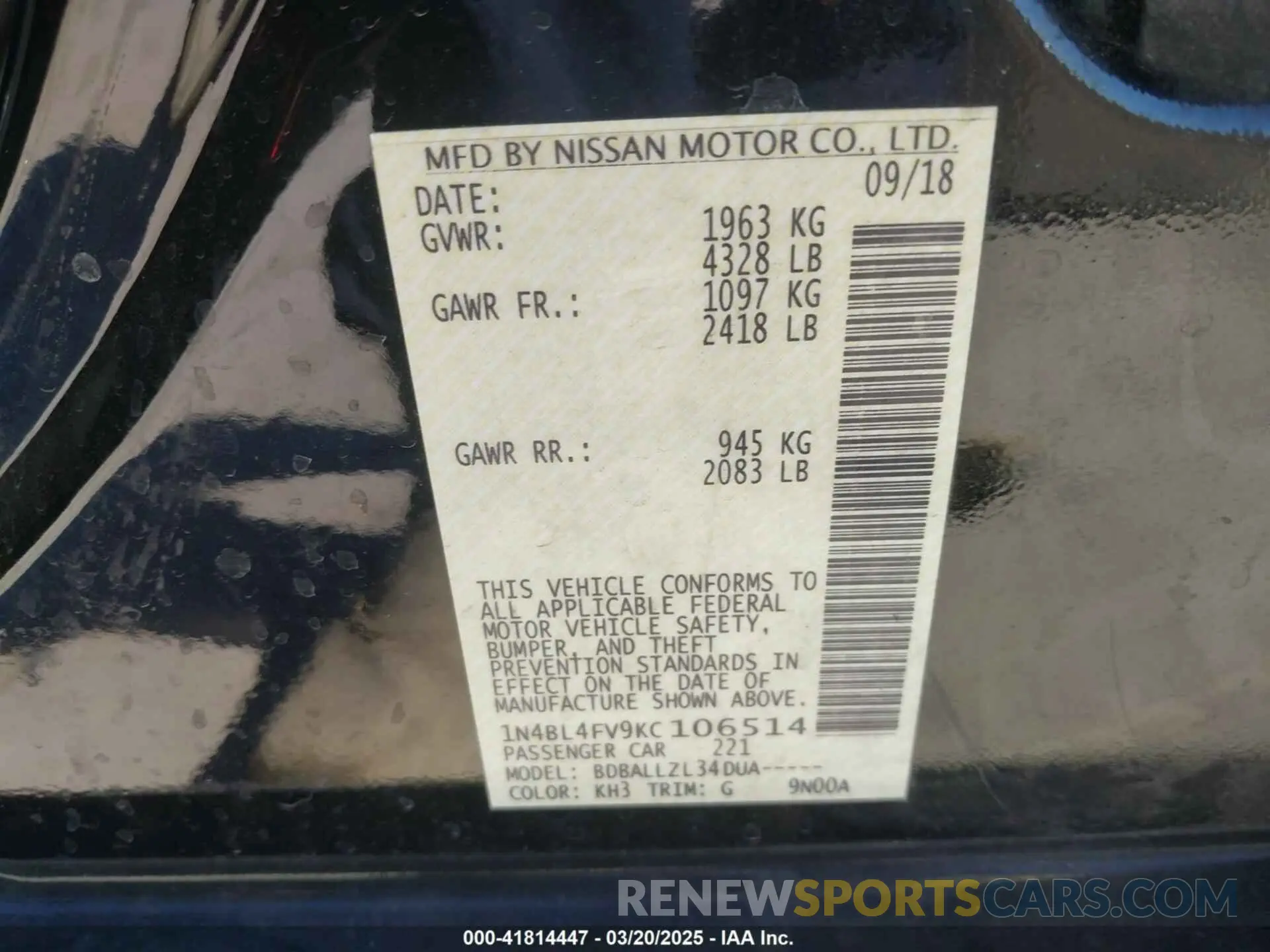 9 fotografías del automóvil dañado 1N4BL4FV9KC106514 NISSAN ALTIMA 2019