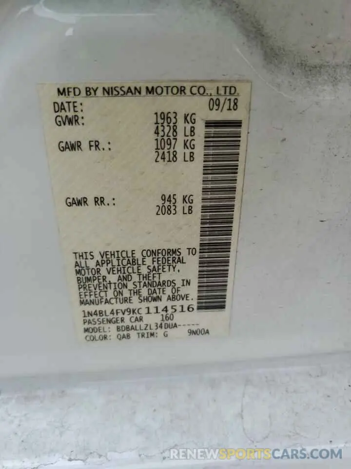 12 fotografías del automóvil dañado 1N4BL4FV9KC114516 NISSAN ALTIMA 2019