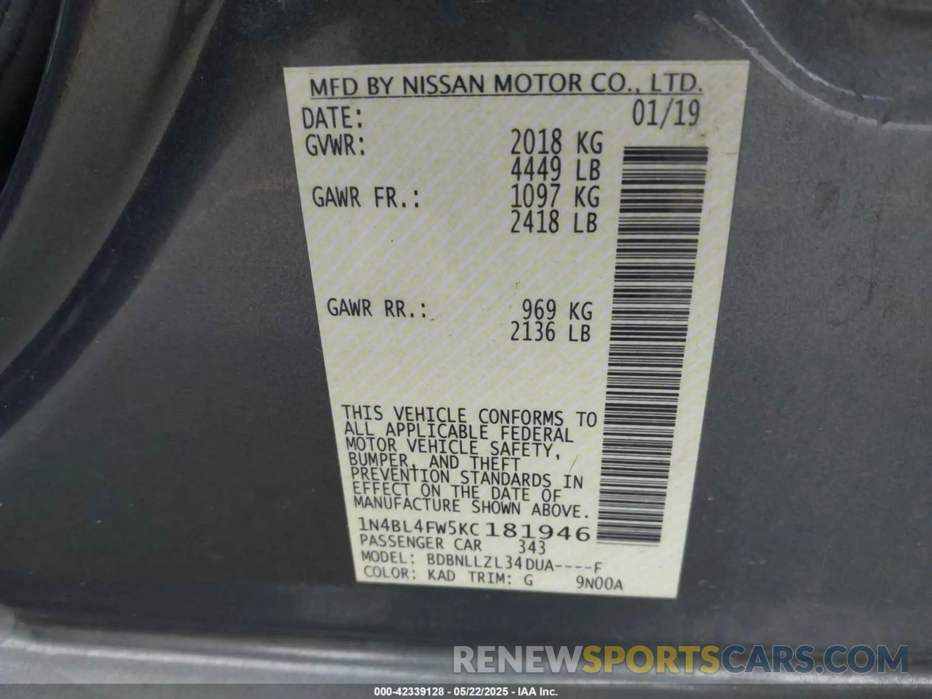 9 fotografías del automóvil dañado 1N4BL4FW5KC181946 NISSAN ALTIMA 2019