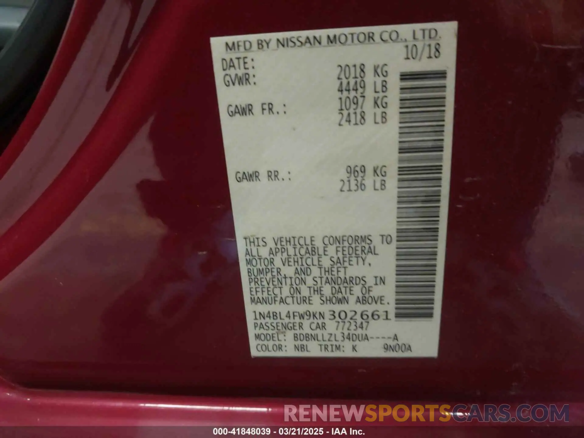 9 fotografías del automóvil dañado 1N4BL4FW9KN302661 NISSAN ALTIMA 2019