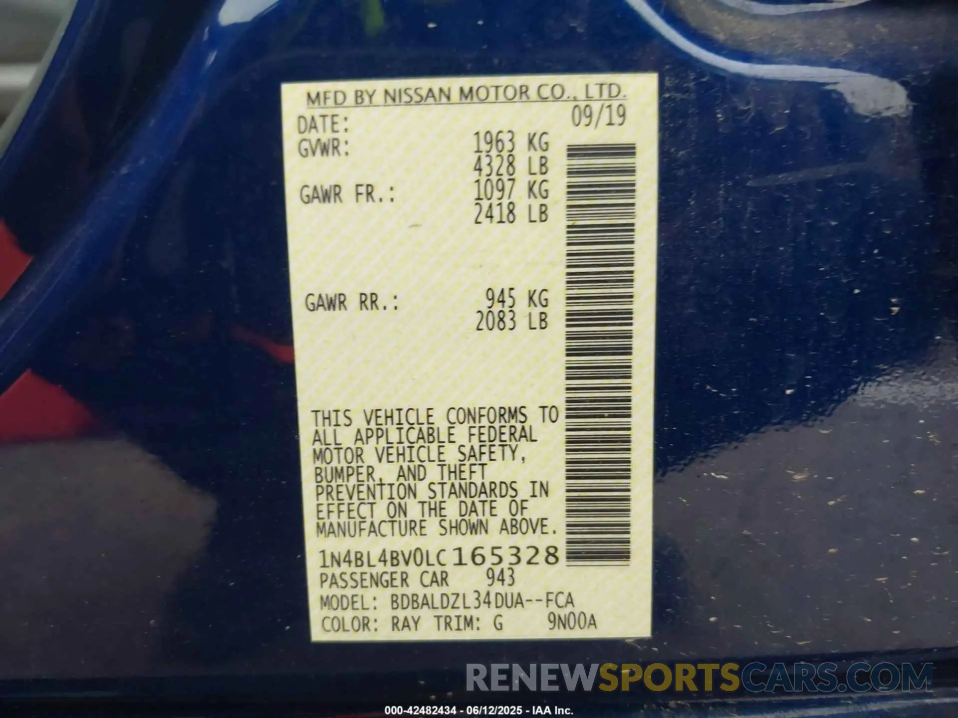 9 fotografías del automóvil dañado 1N4BL4BV0LC165328 NISSAN ALTIMA 2020
