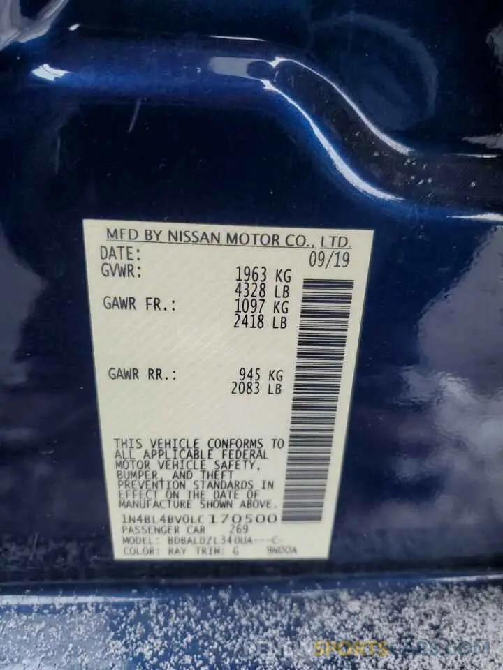 12 fotografías del automóvil dañado 1N4BL4BV0LC170500 NISSAN ALTIMA 2020