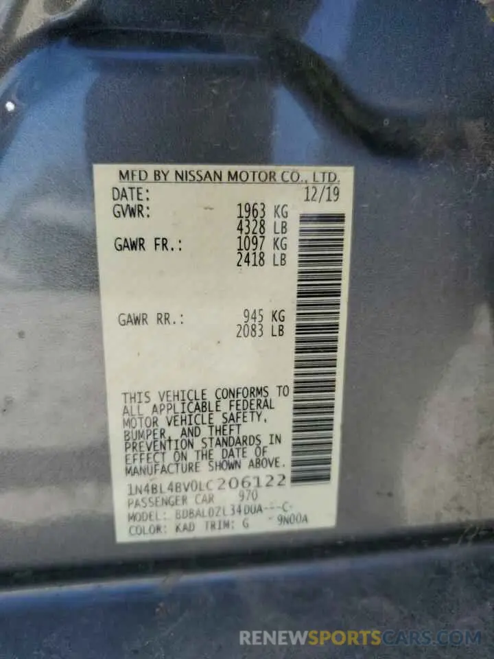 12 fotografías del automóvil dañado 1N4BL4BV0LC206122 NISSAN ALTIMA 2020