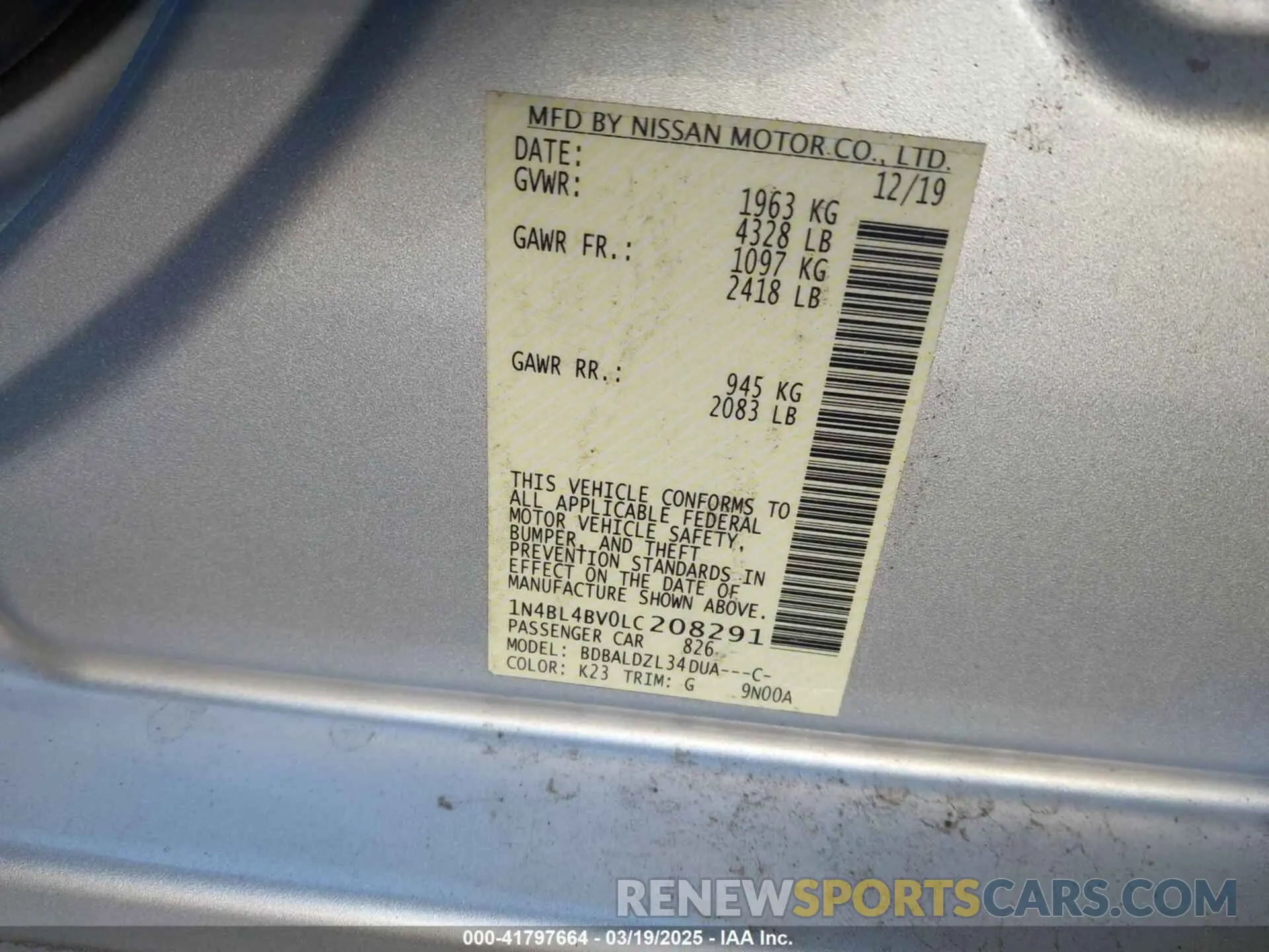 9 fotografías del automóvil dañado 1N4BL4BV0LC208291 NISSAN ALTIMA 2020