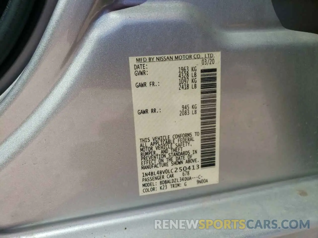 14 fotografías del automóvil dañado 1N4BL4BV0LC250413 NISSAN ALTIMA 2020