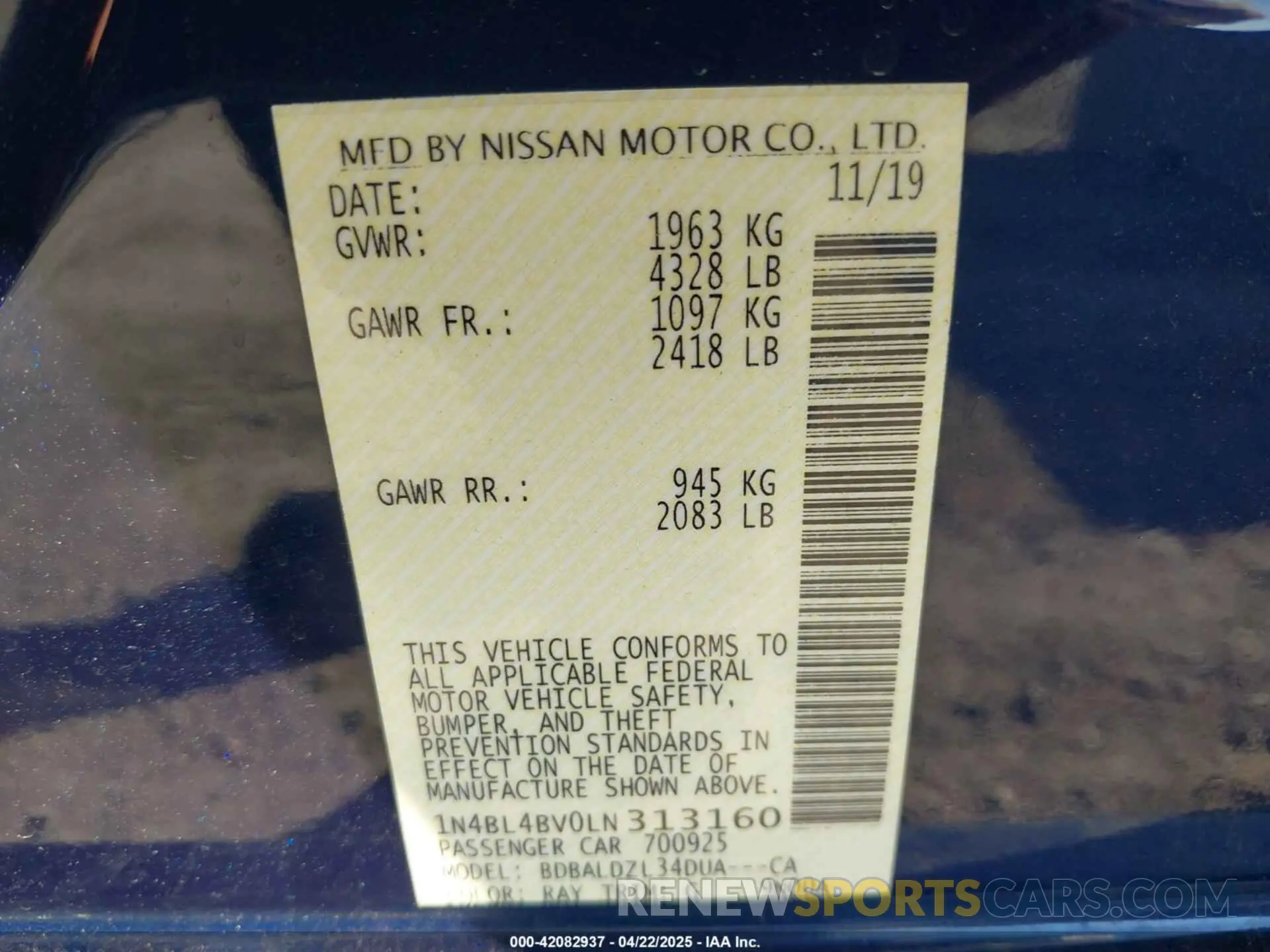 9 fotografías del automóvil dañado 1N4BL4BV0LN313160 NISSAN ALTIMA 2020