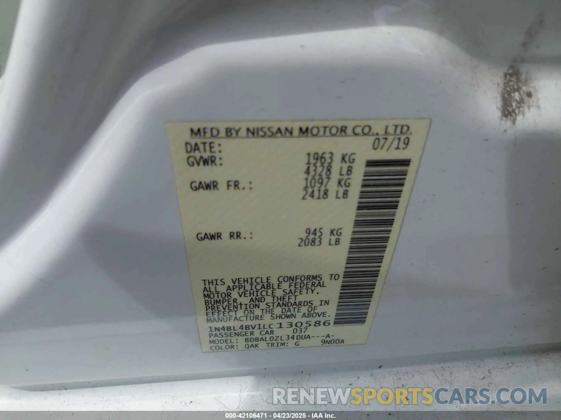 9 fotografías del automóvil dañado 1N4BL4BV1LC130586 NISSAN ALTIMA 2020