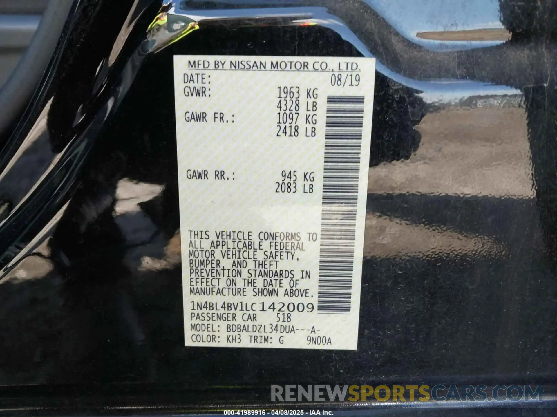 9 fotografías del automóvil dañado 1N4BL4BV1LC142009 NISSAN ALTIMA 2020