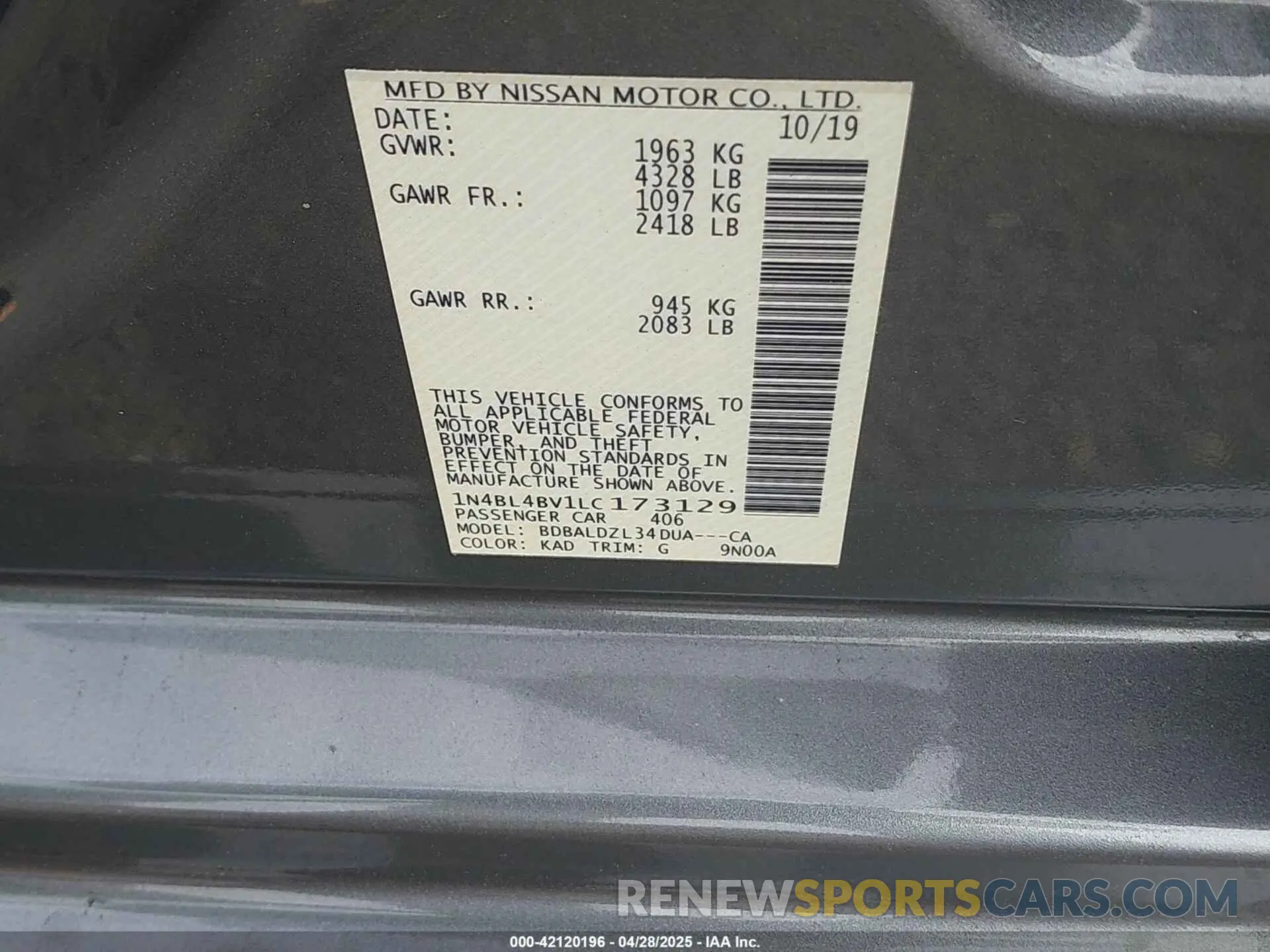 9 fotografías del automóvil dañado 1N4BL4BV1LC173129 NISSAN ALTIMA 2020