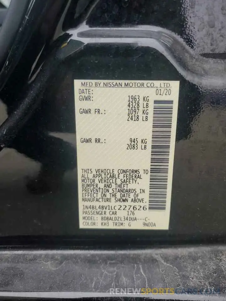 12 fotografías del automóvil dañado 1N4BL4BV1LC227626 NISSAN ALTIMA 2020