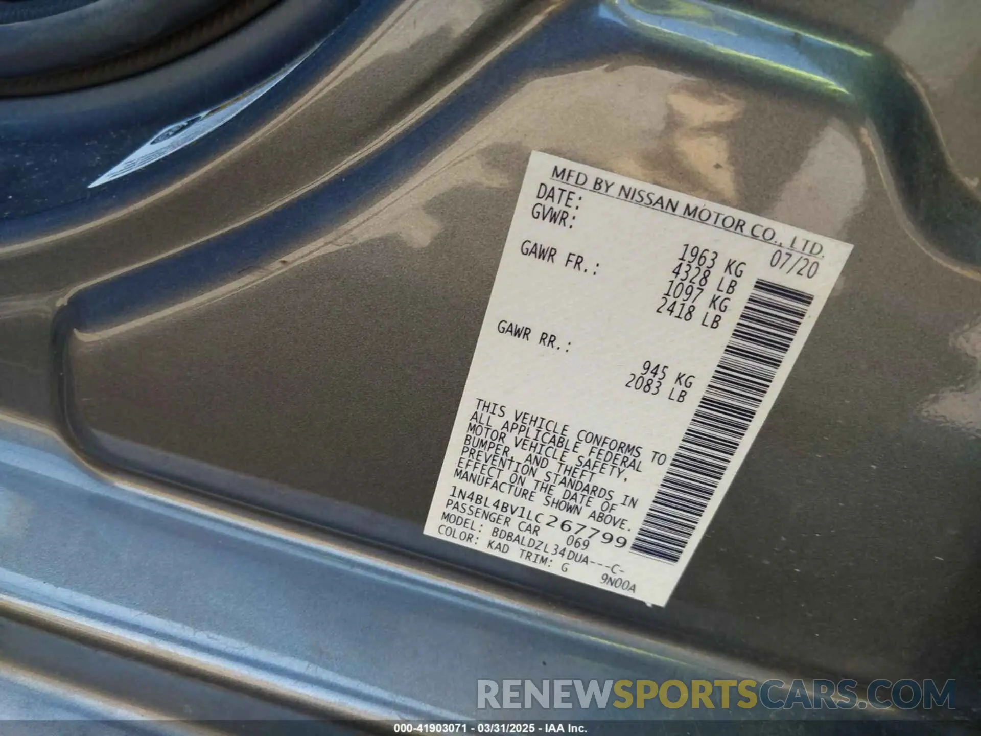 9 fotografías del automóvil dañado 1N4BL4BV1LC267799 NISSAN ALTIMA 2020