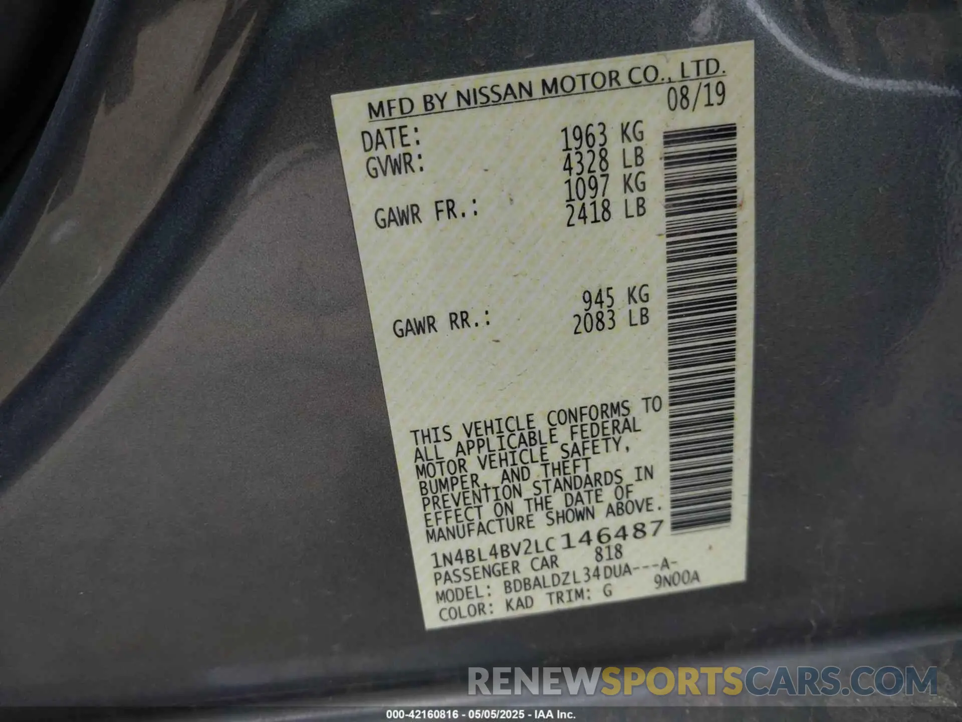 9 fotografías del automóvil dañado 1N4BL4BV2LC146487 NISSAN ALTIMA 2020