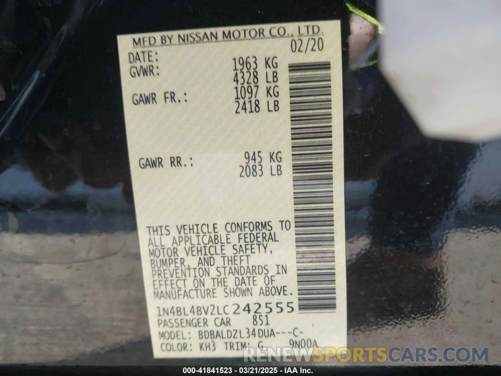 9 fotografías del automóvil dañado 1N4BL4BV2LC242555 NISSAN ALTIMA 2020