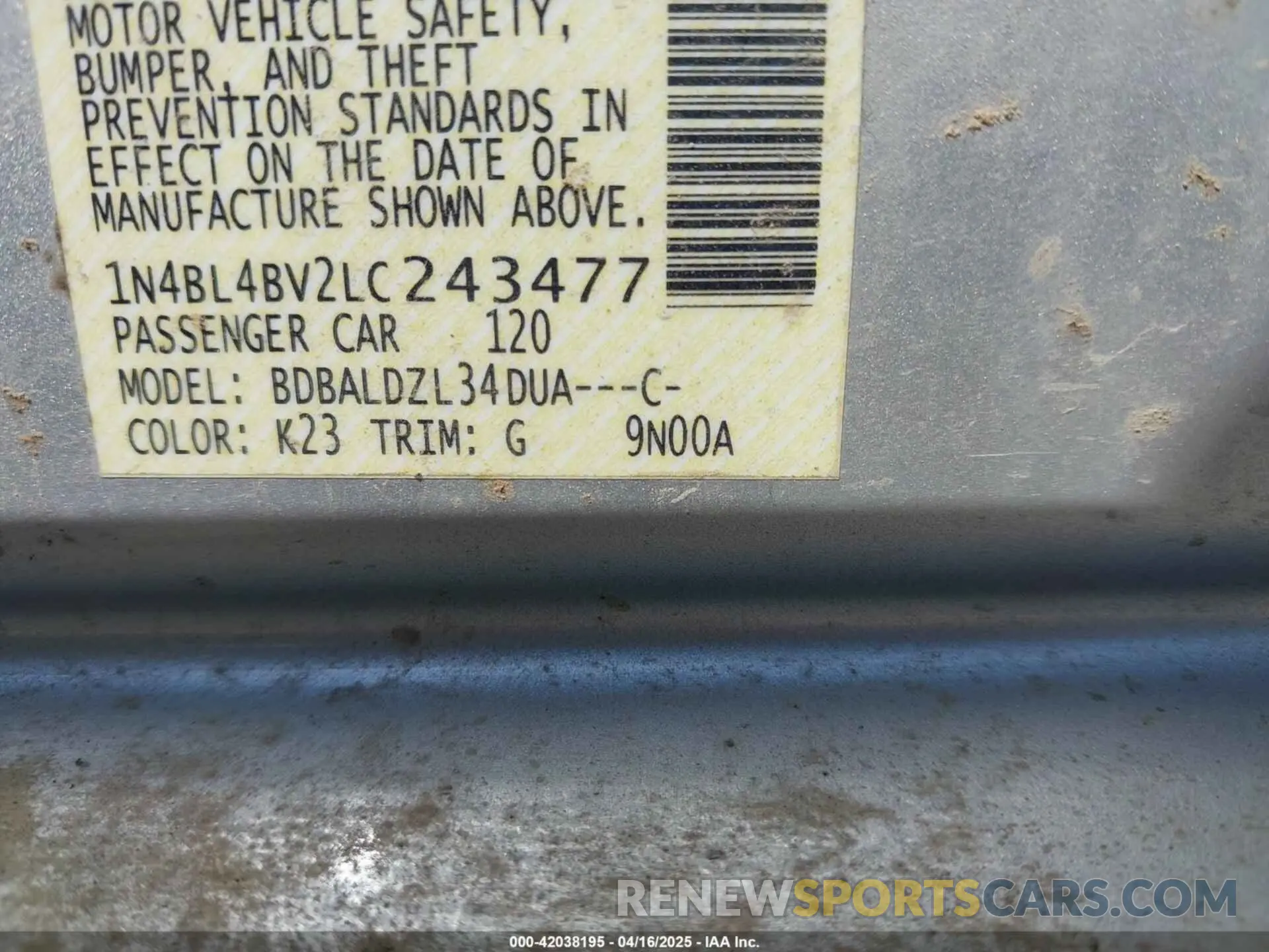 9 fotografías del automóvil dañado 1N4BL4BV2LC243477 NISSAN ALTIMA 2020