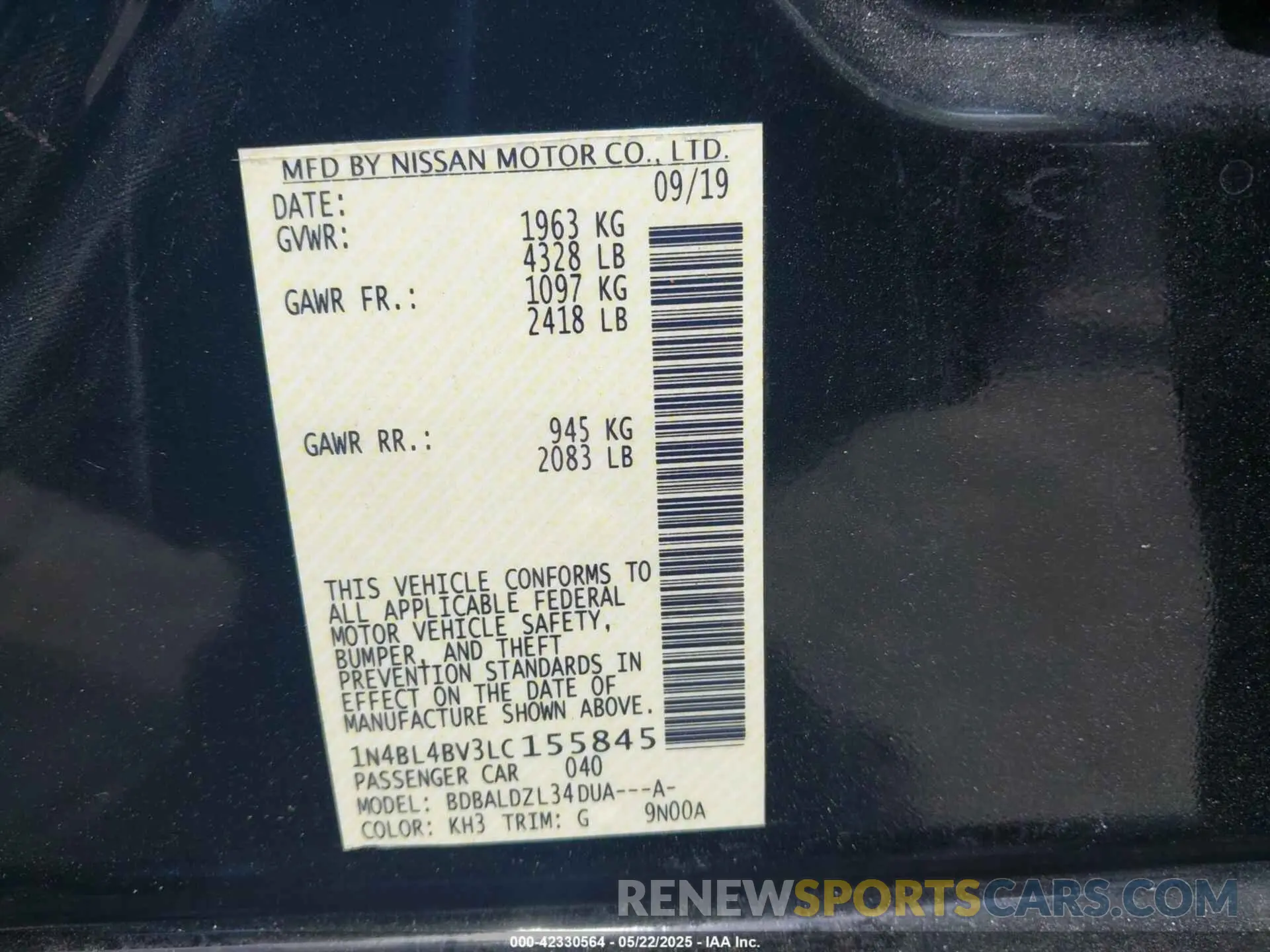 9 fotografías del automóvil dañado 1N4BL4BV3LC155845 NISSAN ALTIMA 2020