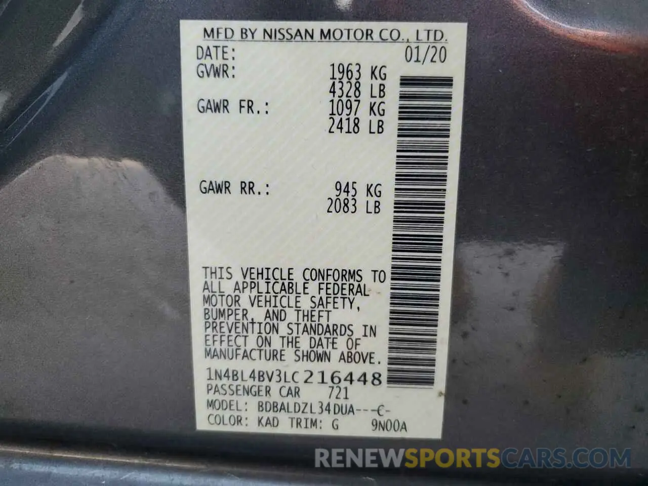 12 fotografías del automóvil dañado 1N4BL4BV3LC216448 NISSAN ALTIMA 2020