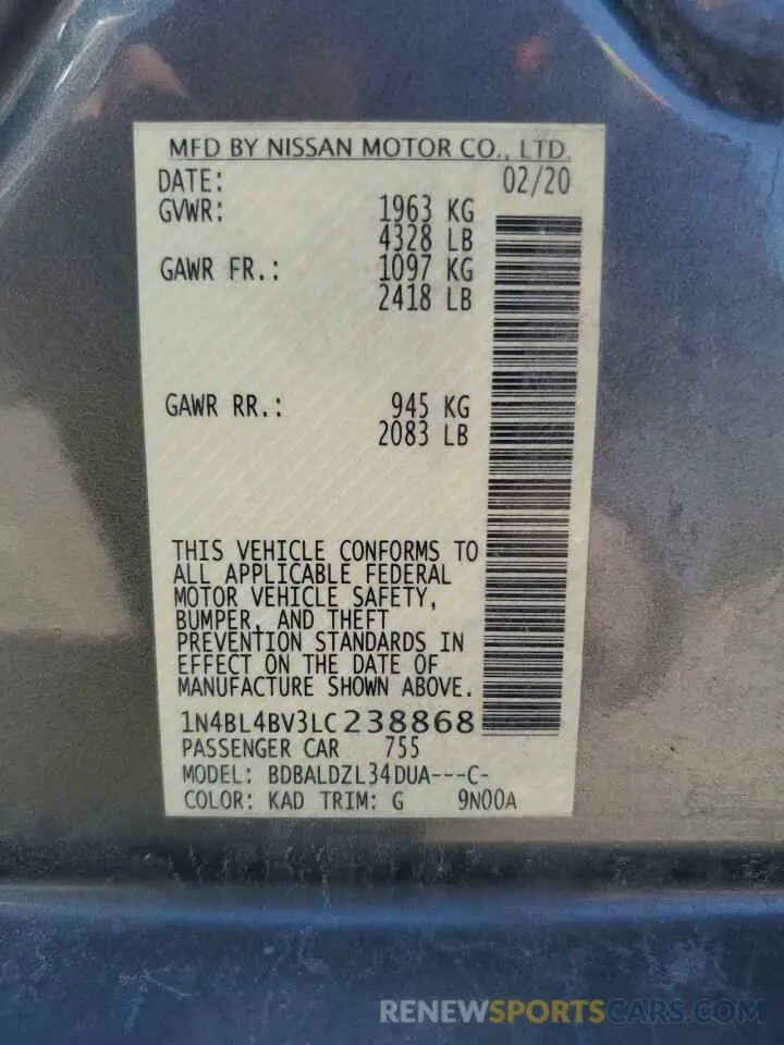12 fotografías del automóvil dañado 1N4BL4BV3LC238868 NISSAN ALTIMA 2020