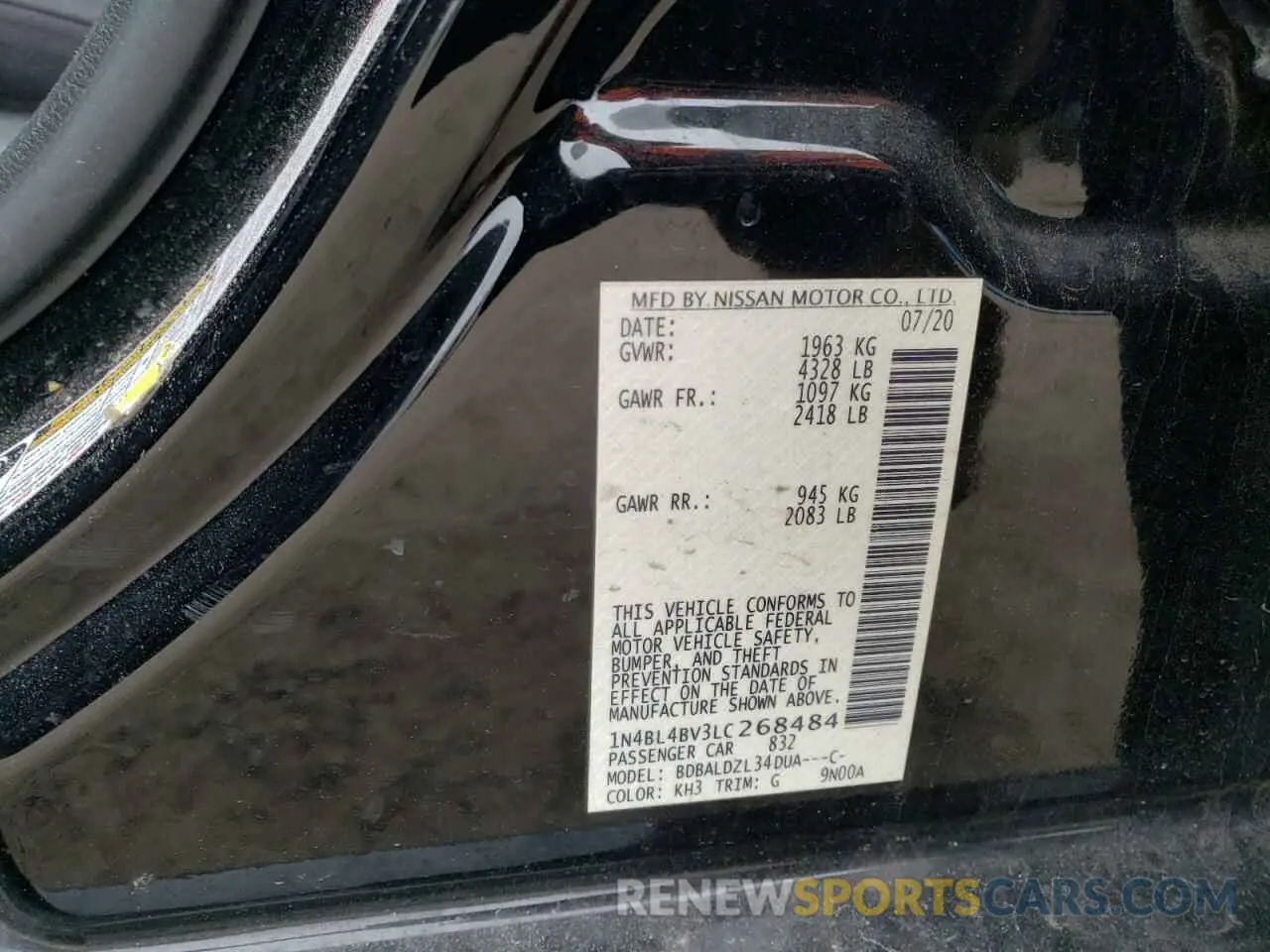 12 fotografías del automóvil dañado 1N4BL4BV3LC268484 NISSAN ALTIMA 2020