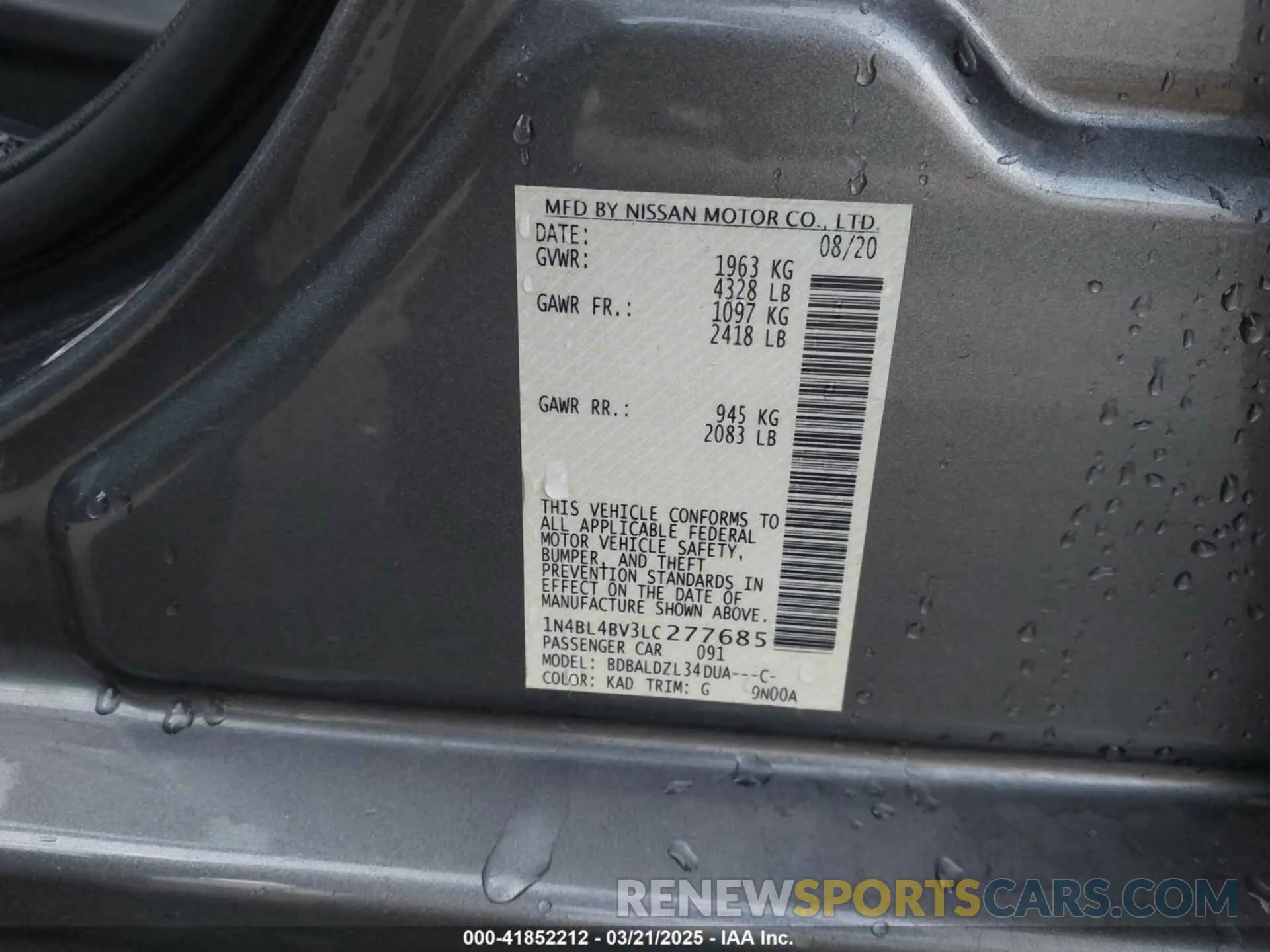 9 fotografías del automóvil dañado 1N4BL4BV3LC277685 NISSAN ALTIMA 2020