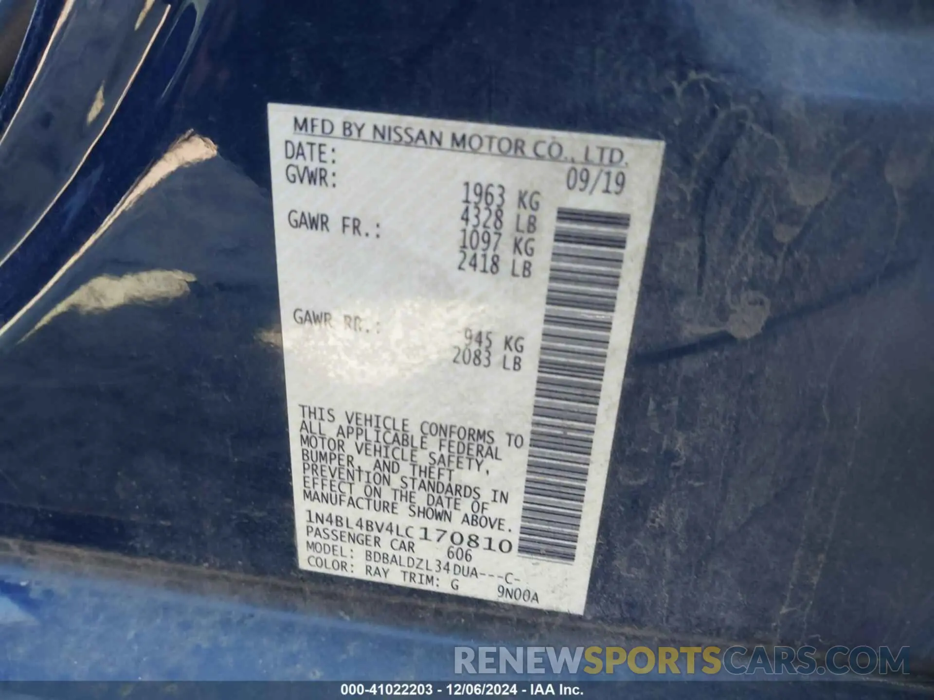 8 fotografías del automóvil dañado 1N4BL4BV4LC170810 NISSAN ALTIMA 2020