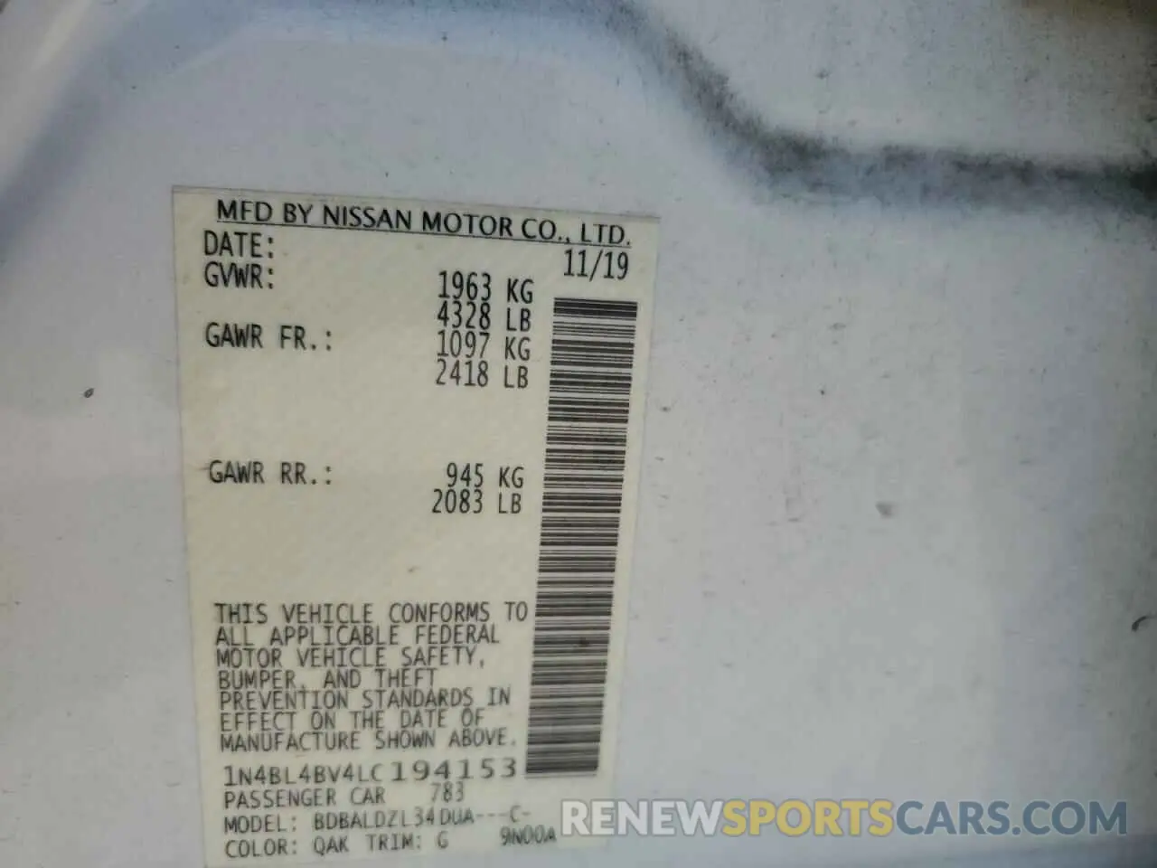 12 fotografías del automóvil dañado 1N4BL4BV4LC194153 NISSAN ALTIMA 2020