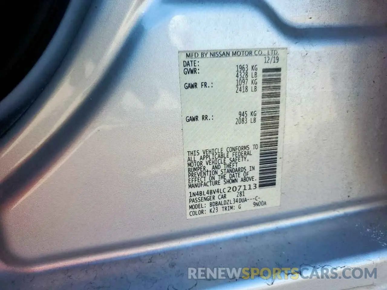 12 fotografías del automóvil dañado 1N4BL4BV4LC207113 NISSAN ALTIMA 2020
