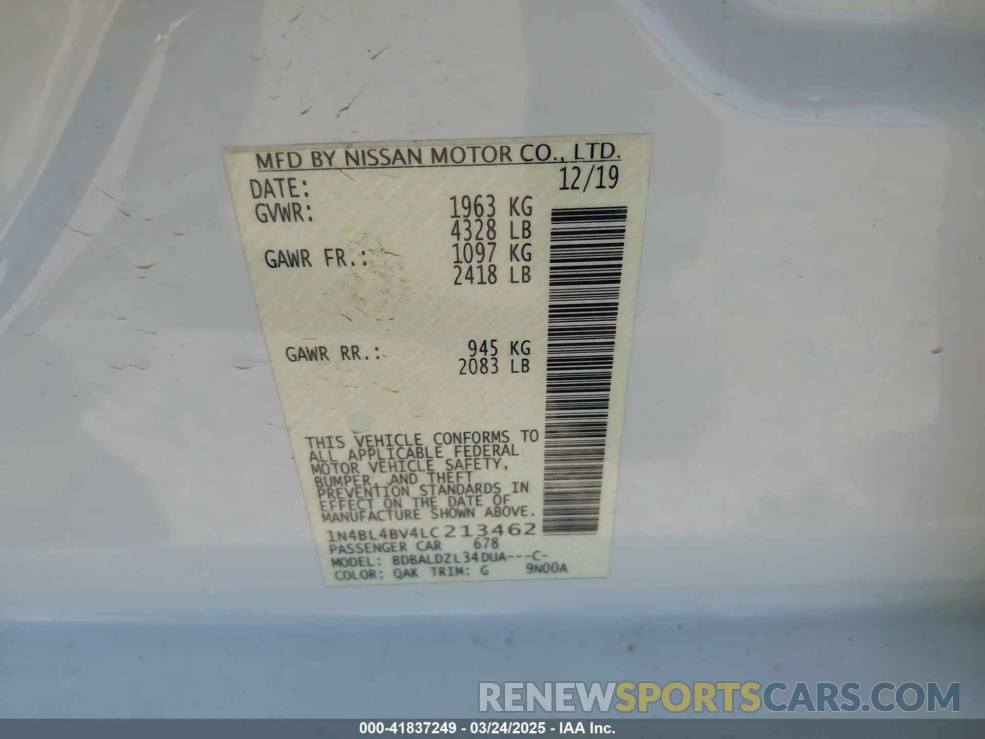 9 fotografías del automóvil dañado 1N4BL4BV4LC213462 NISSAN ALTIMA 2020