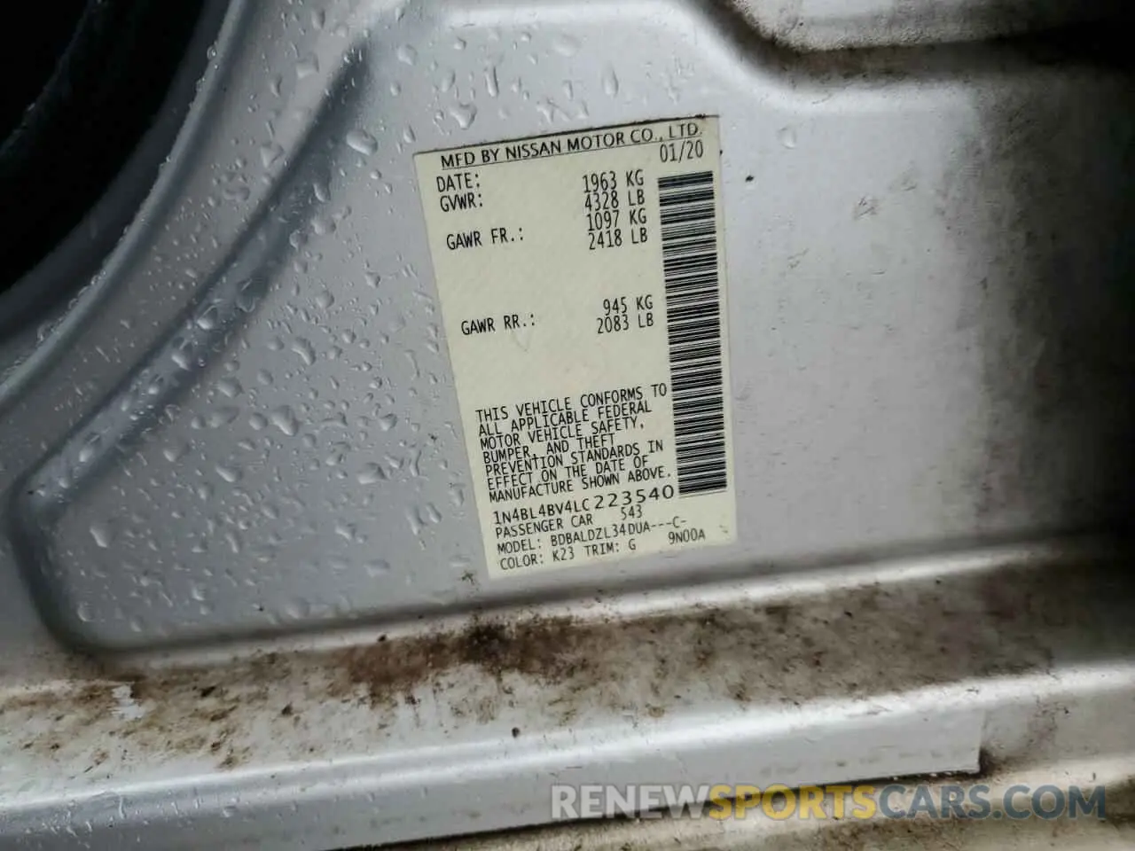 12 fotografías del automóvil dañado 1N4BL4BV4LC223540 NISSAN ALTIMA 2020