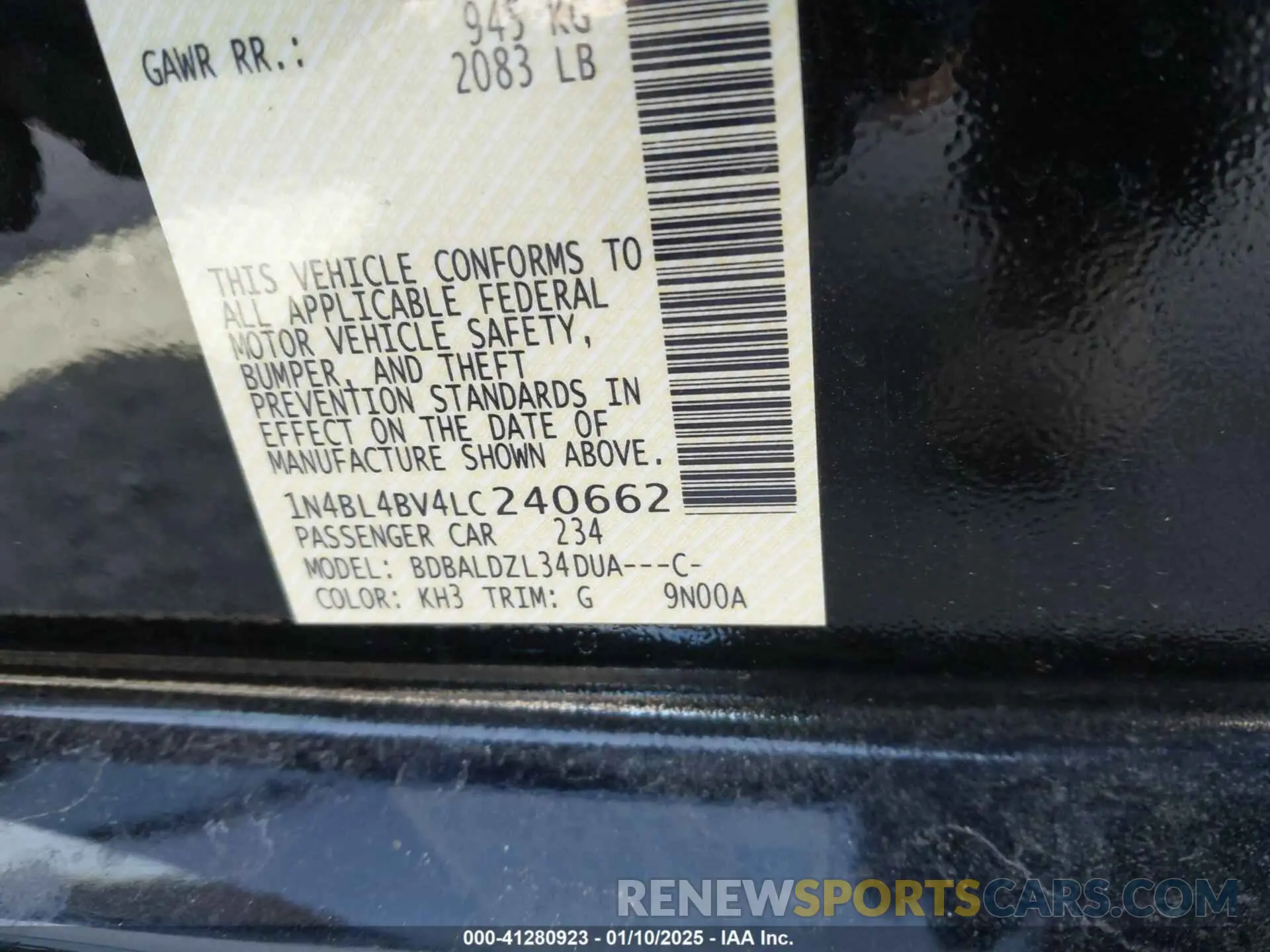 9 fotografías del automóvil dañado 1N4BL4BV4LC240662 NISSAN ALTIMA 2020