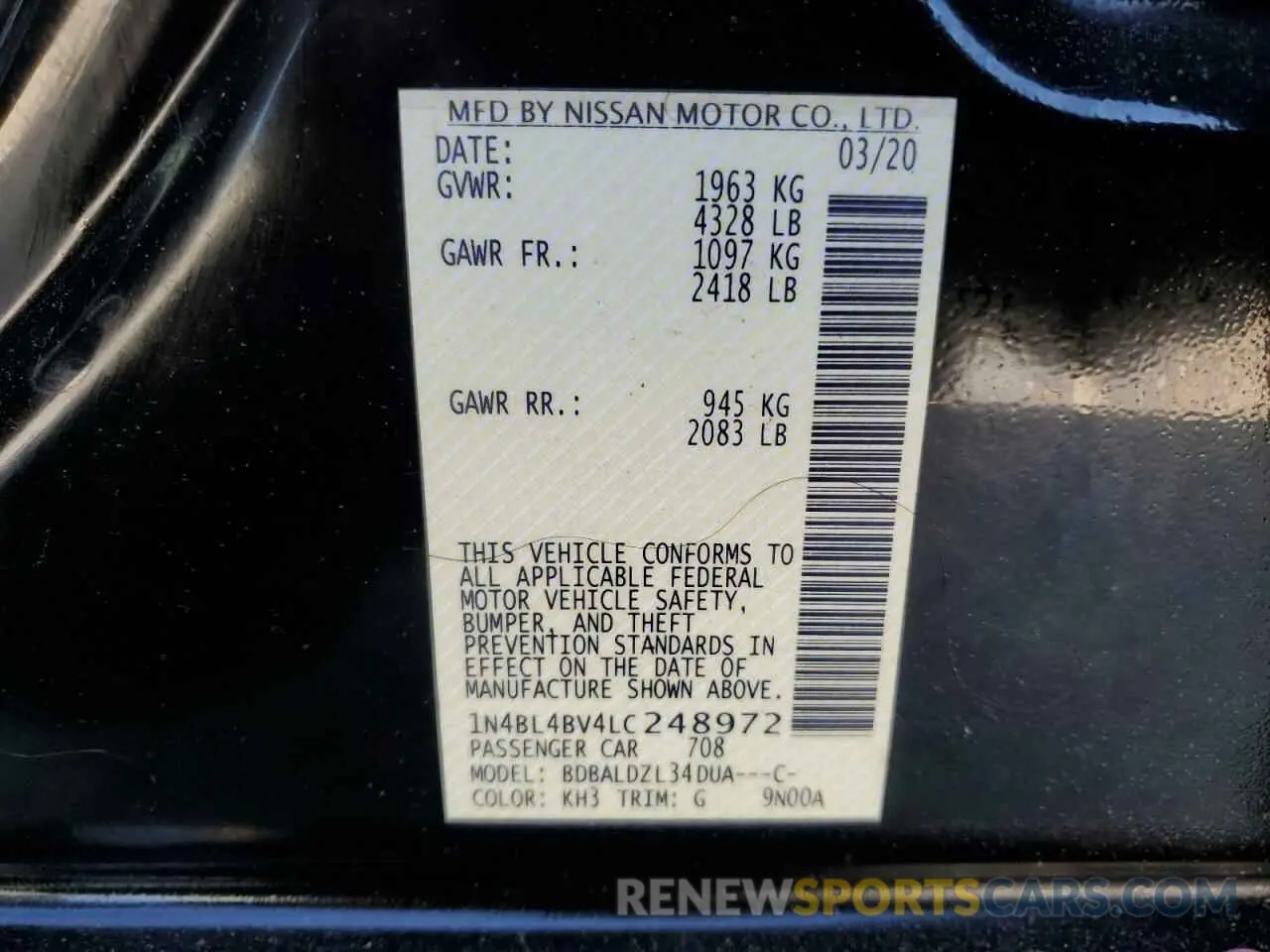 12 fotografías del automóvil dañado 1N4BL4BV4LC248972 NISSAN ALTIMA 2020