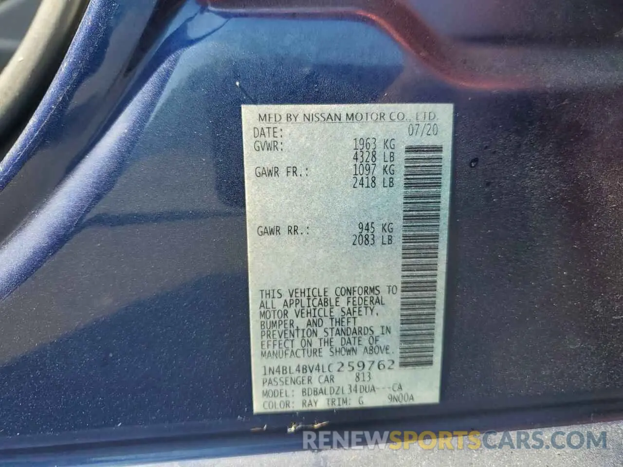 12 fotografías del automóvil dañado 1N4BL4BV4LC259762 NISSAN ALTIMA 2020