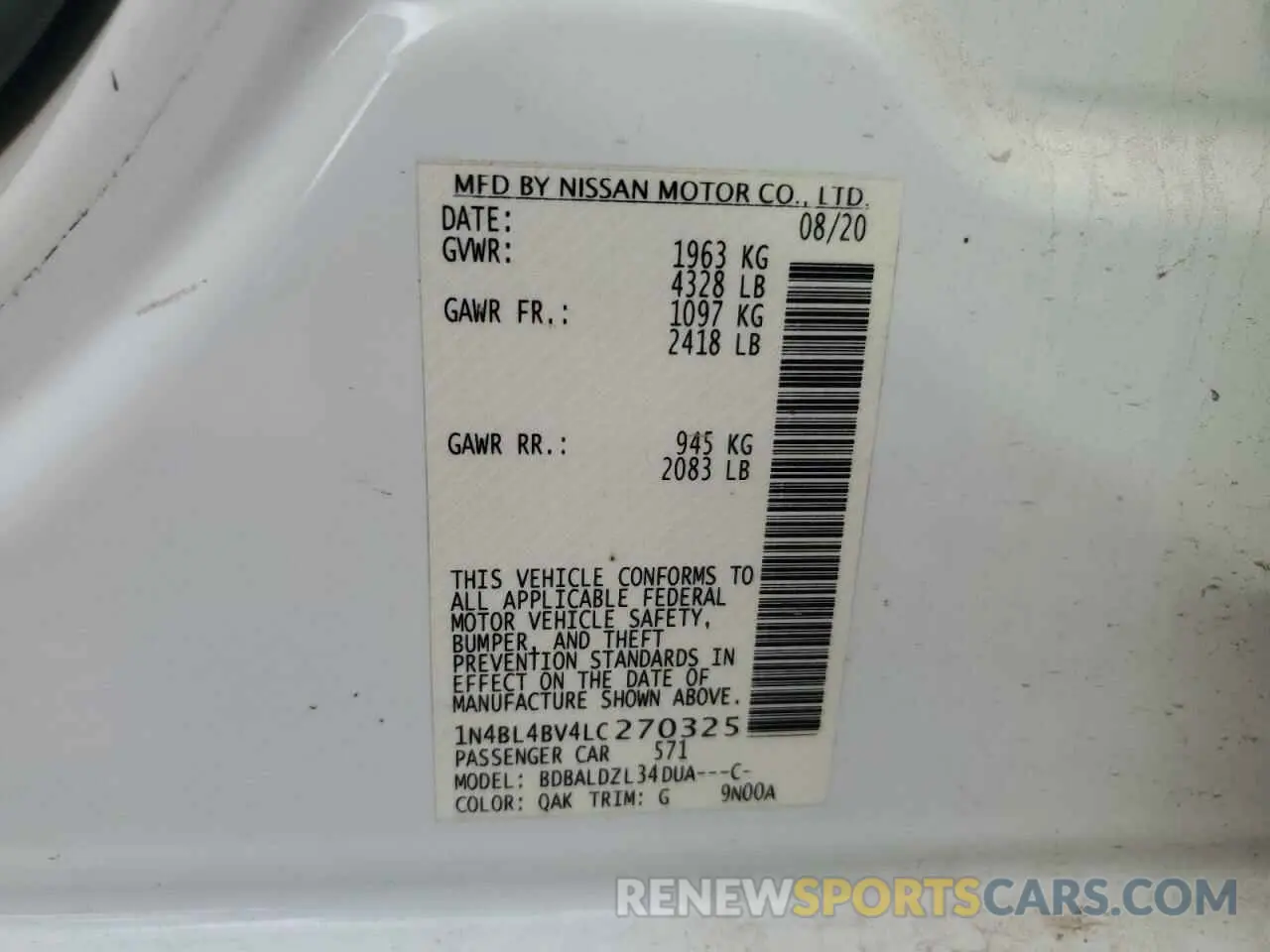 14 fotografías del automóvil dañado 1N4BL4BV4LC270325 NISSAN ALTIMA 2020