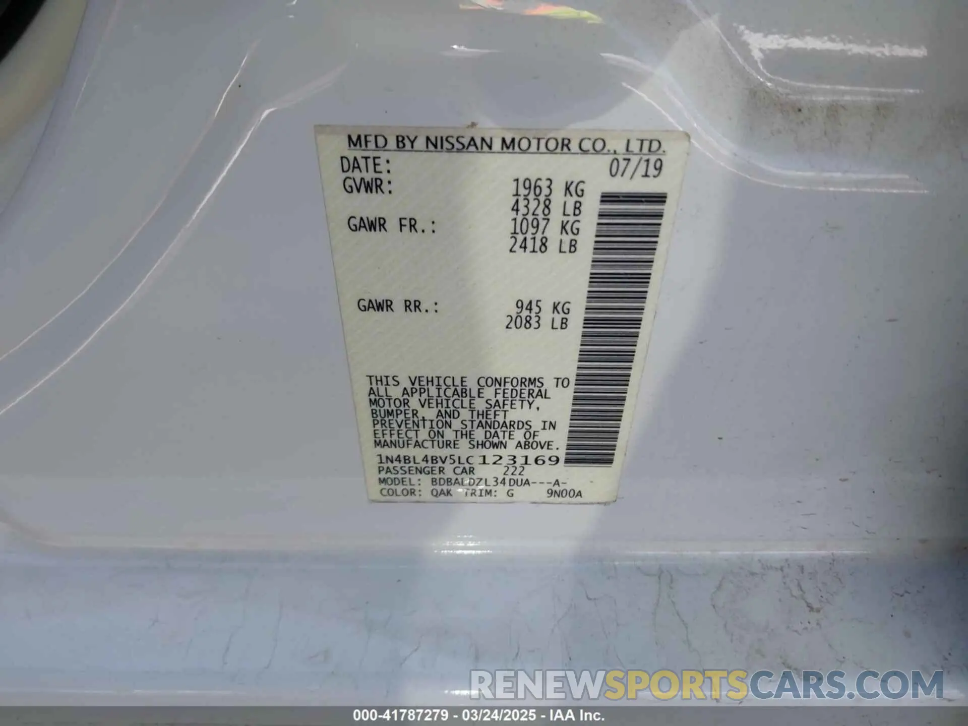 9 fotografías del automóvil dañado 1N4BL4BV5LC123169 NISSAN ALTIMA 2020