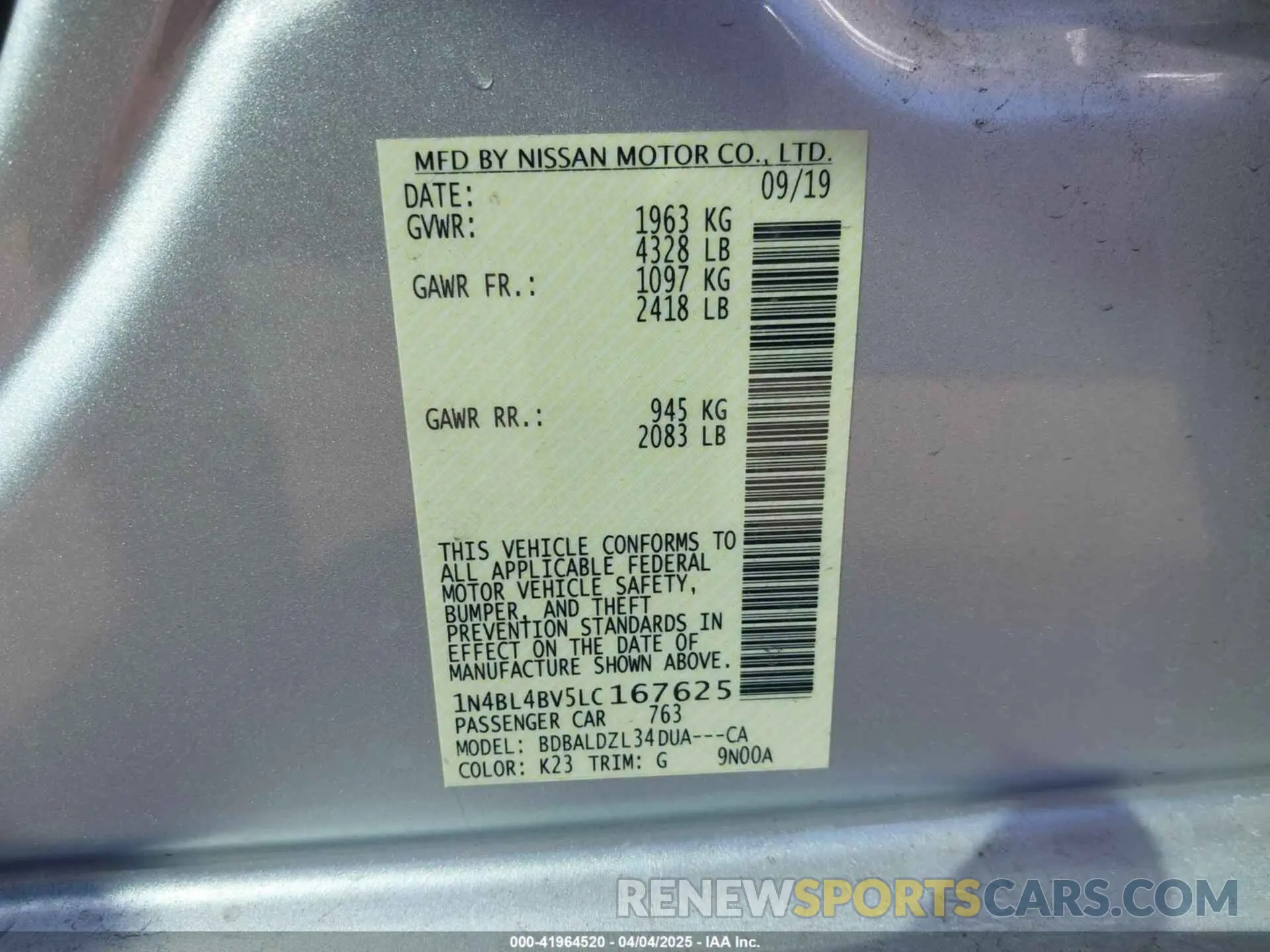 9 fotografías del automóvil dañado 1N4BL4BV5LC167625 NISSAN ALTIMA 2020