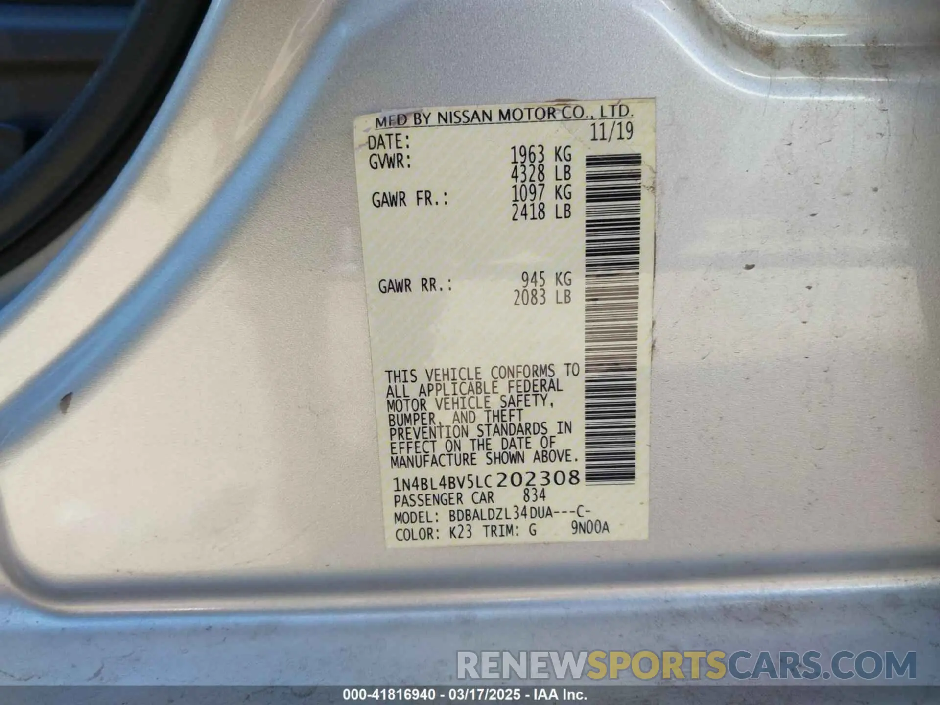 9 fotografías del automóvil dañado 1N4BL4BV5LC202308 NISSAN ALTIMA 2020